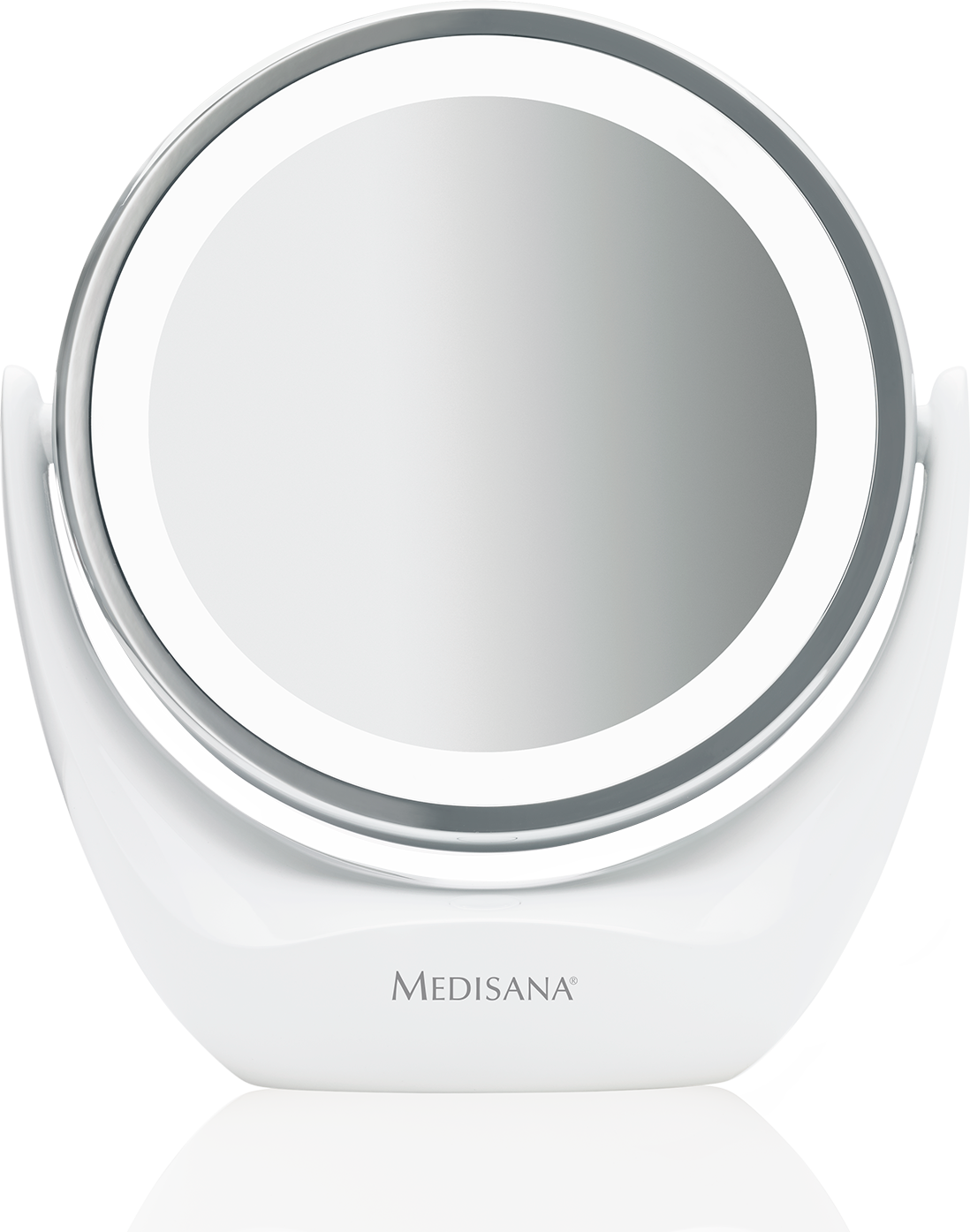 White lighted cosmetic mirror with a circular shape and white base.