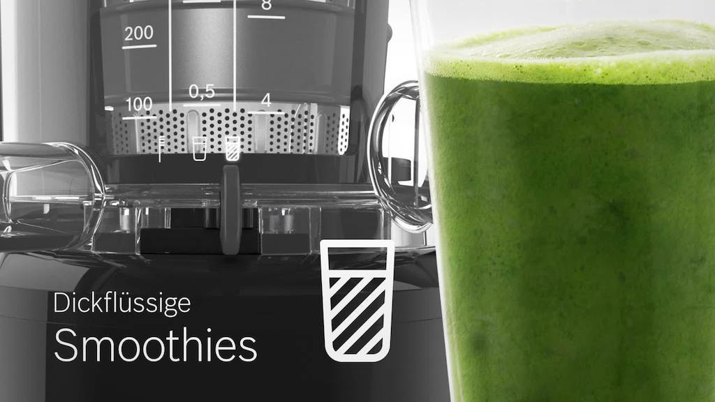 Extracteur de jus avec un verre de smoothie vert. Texte 'Smoothies' et graphique. Fond noir.