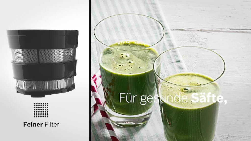 Parti dell'estrattore di succo e due bicchieri di succo verde. Testo: Per succhi sani.