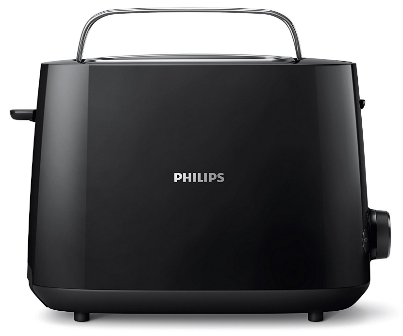 Un grille-pain Philips noir avec une poignée, montrant le logo Philips.