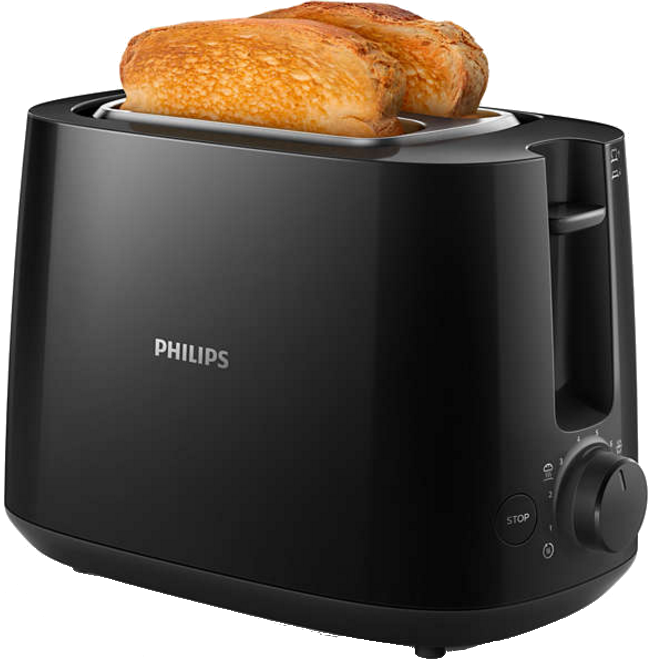 Grille-pain Philips noir avec deux tranches de pain grillé dans les fentes. Il a un cadran et un bouton d'arrêt.