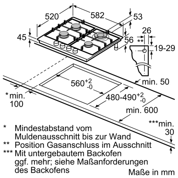 Diagramm eines eingebauten Gas-Kochfelds, mit Maßen in Millimetern.