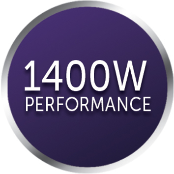 Een paarse cirkel met witte tekst: 1400W PERFORMANCE.