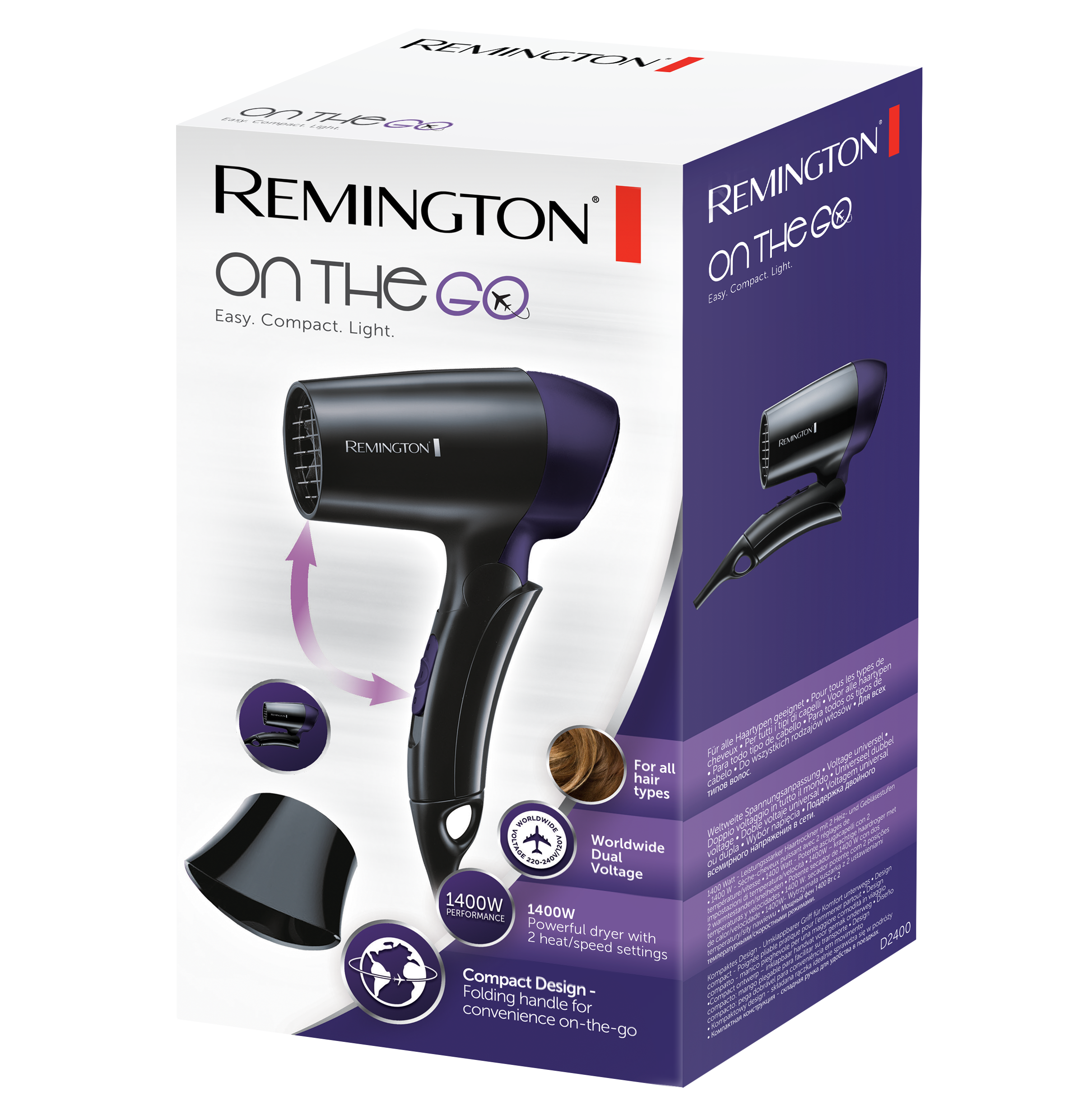Remington On The Go haardroger doos met een zwarte en paarse haardroger.