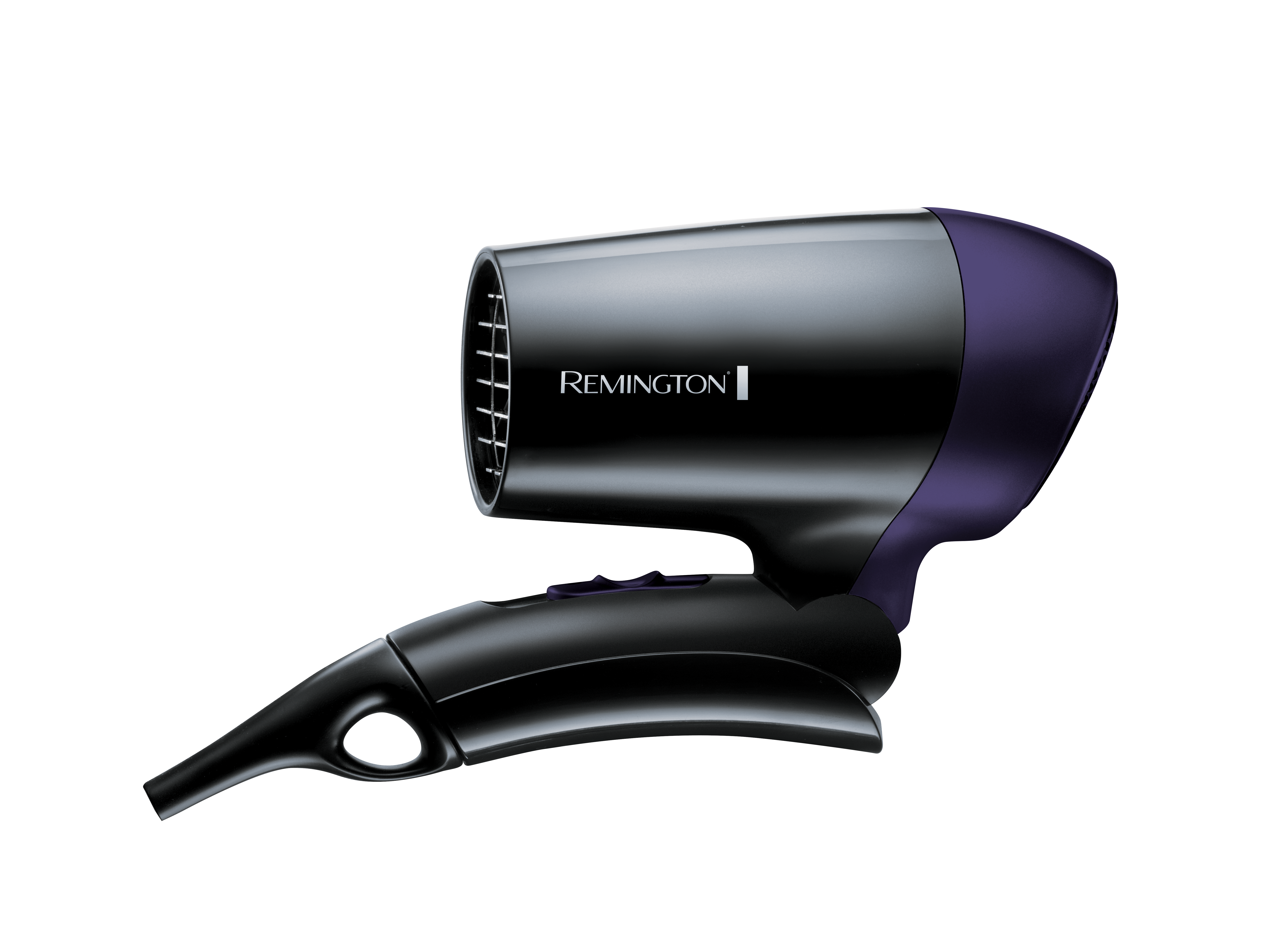 Zwarte en paarse Remington haardroger op zwarte achtergrond. De merknaam is zichtbaar.
