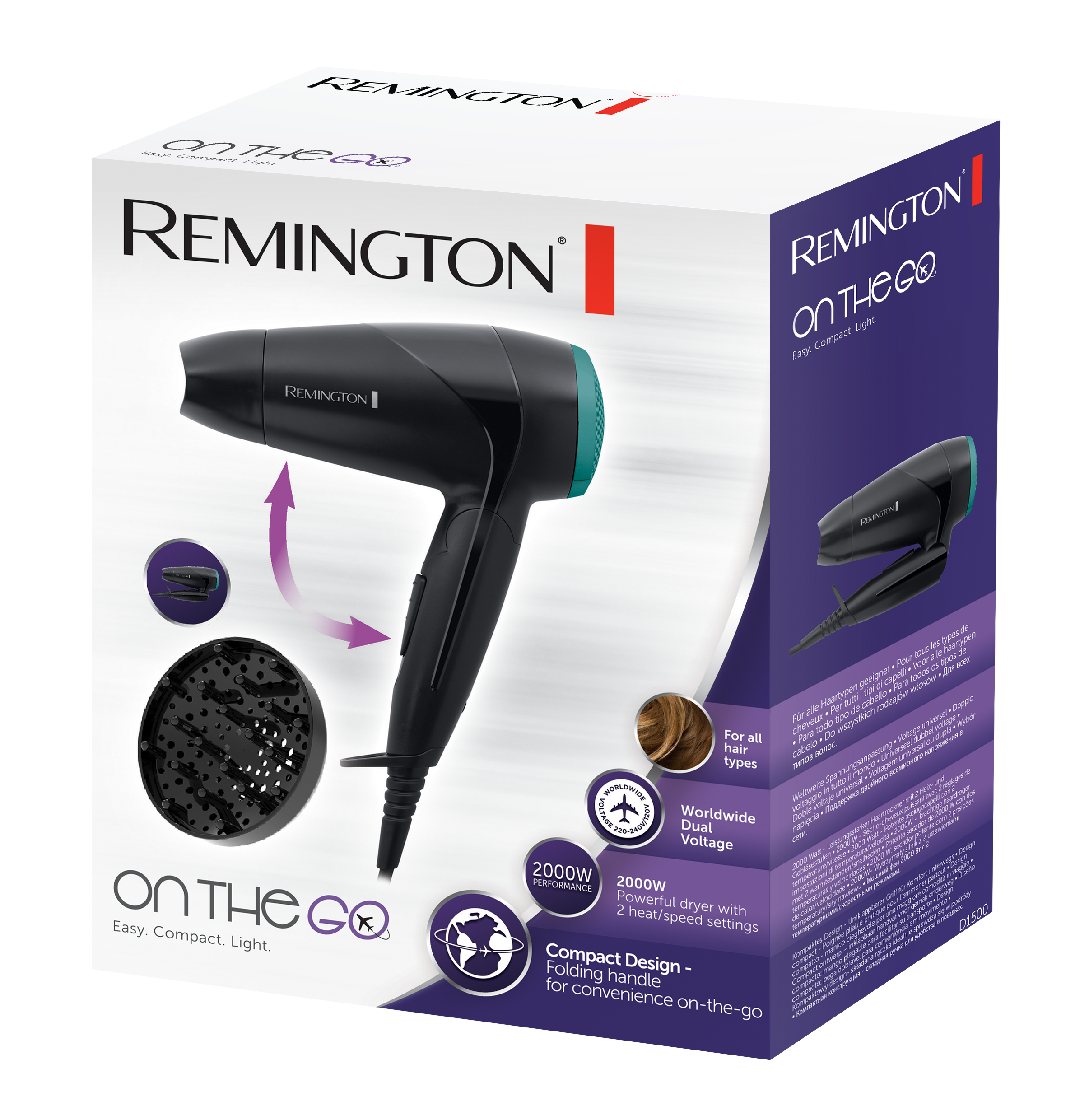 Box with a black hair dryer and accessories, with text and images of the product.