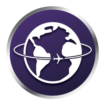World globe with an airplane icon and a silver border on a purple background.