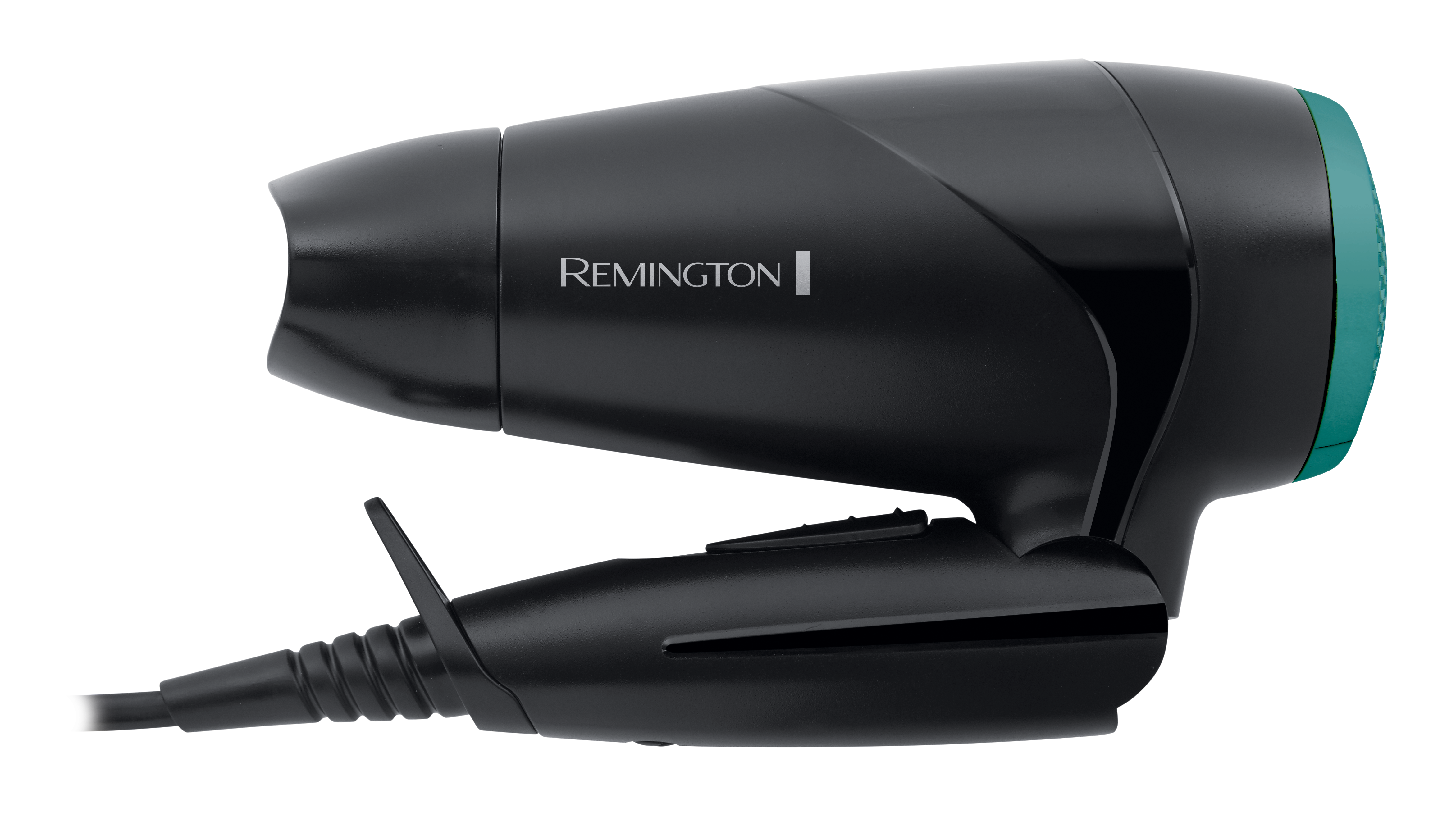 A black Remington hair dryer with a teal accent. It is set against a dark background.