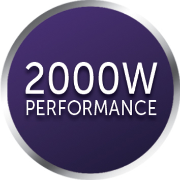 A round purple button with white text: '2000W PERFORMANCE' and a silver border.