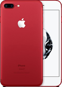 Rotes iPhone 7 Plus, Rückseite und Bildschirm sichtbar. Apple-Logo auf der Rückseite.