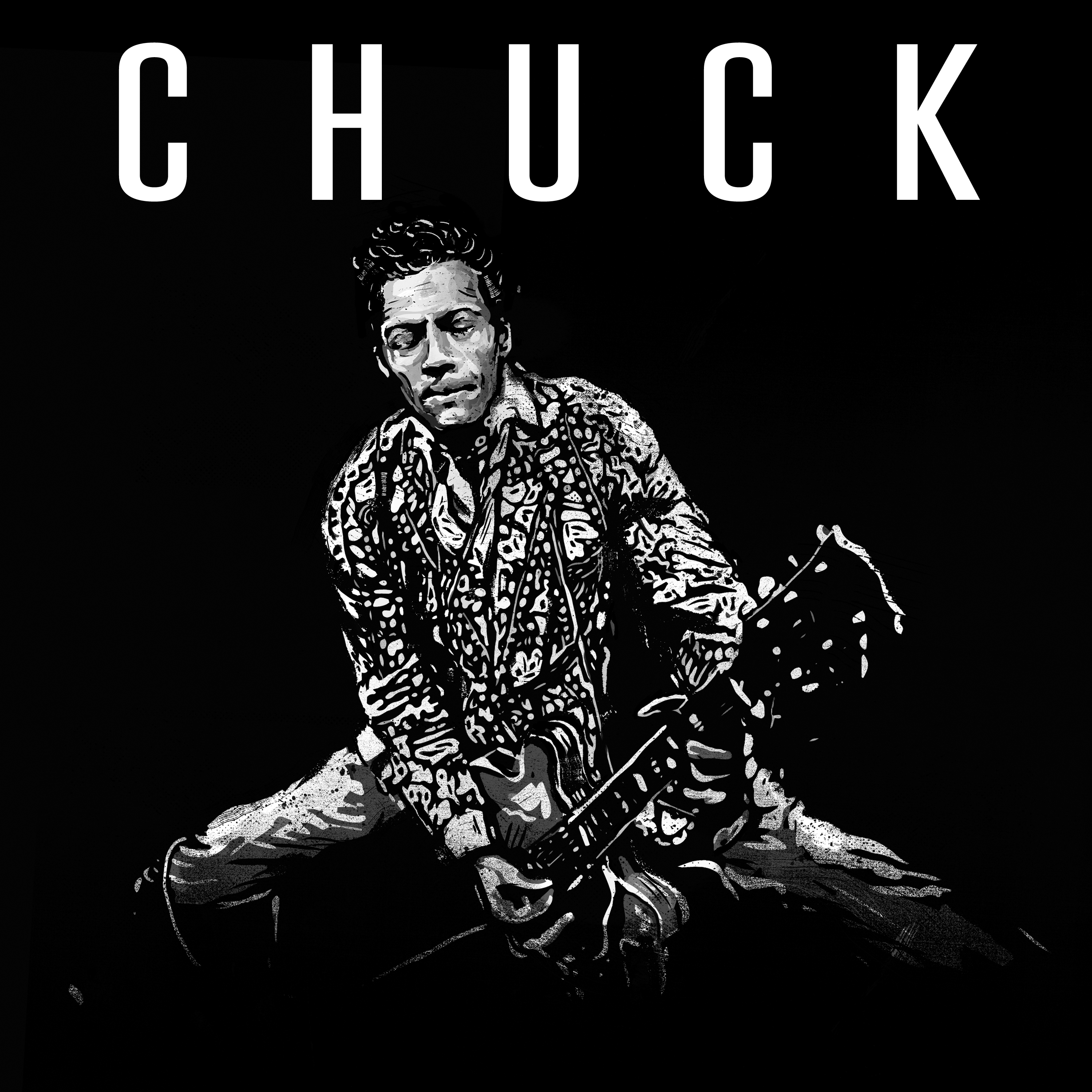 Chuck Berry Kunstwerk: Mann spielt Gitarre, schwarz-weiß, fetter 'CHUCK'-Text.