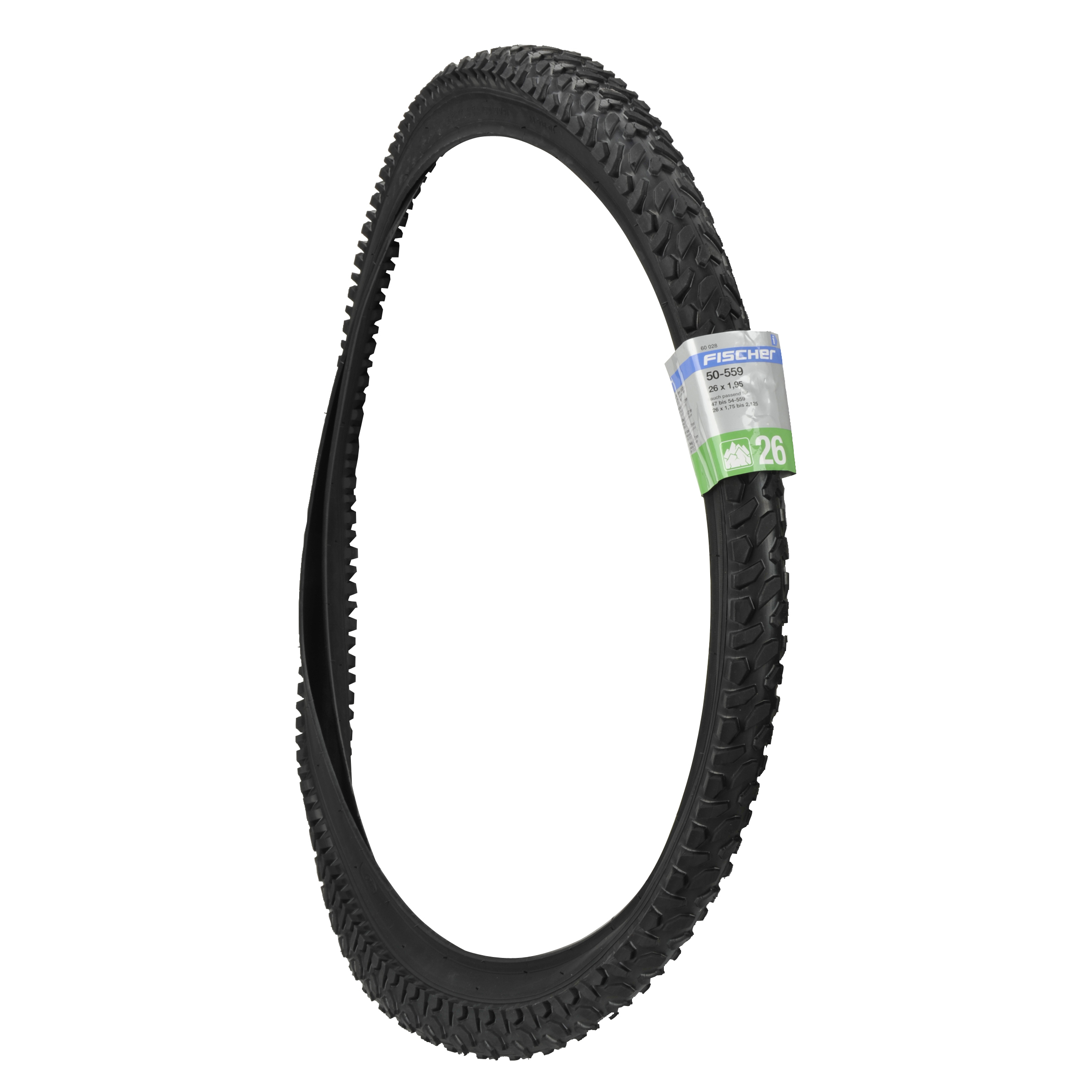 Schwarzer Mountainbike-Reifen mit Etikett. Der Reifen ist neu und ungetragen. Der Hintergrund ist weiß.