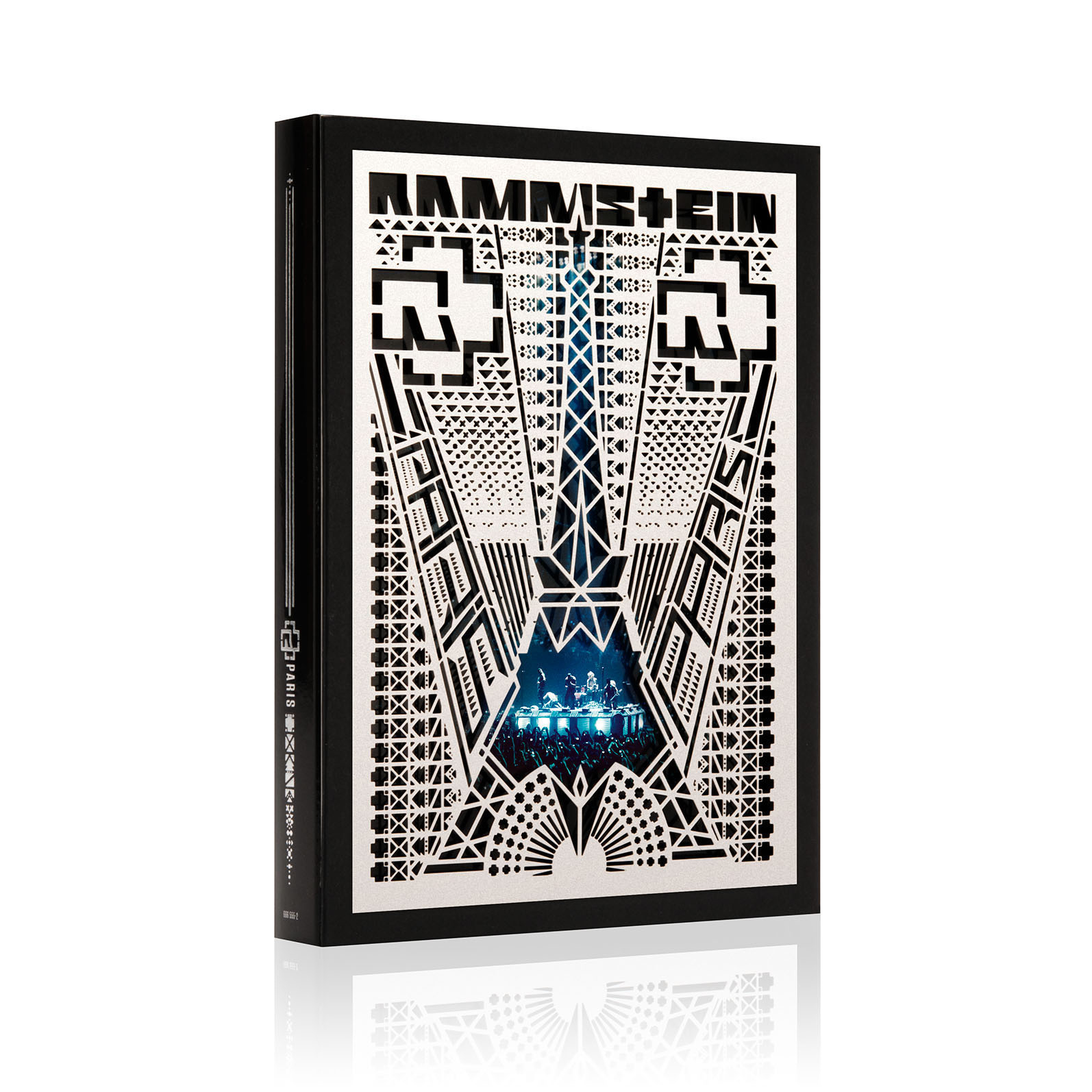 Buchcover: Rammstein Paris. Weißes Cover mit Ausschnitt. Eiffelturm-Silhouette. Konzertszene sichtbar.