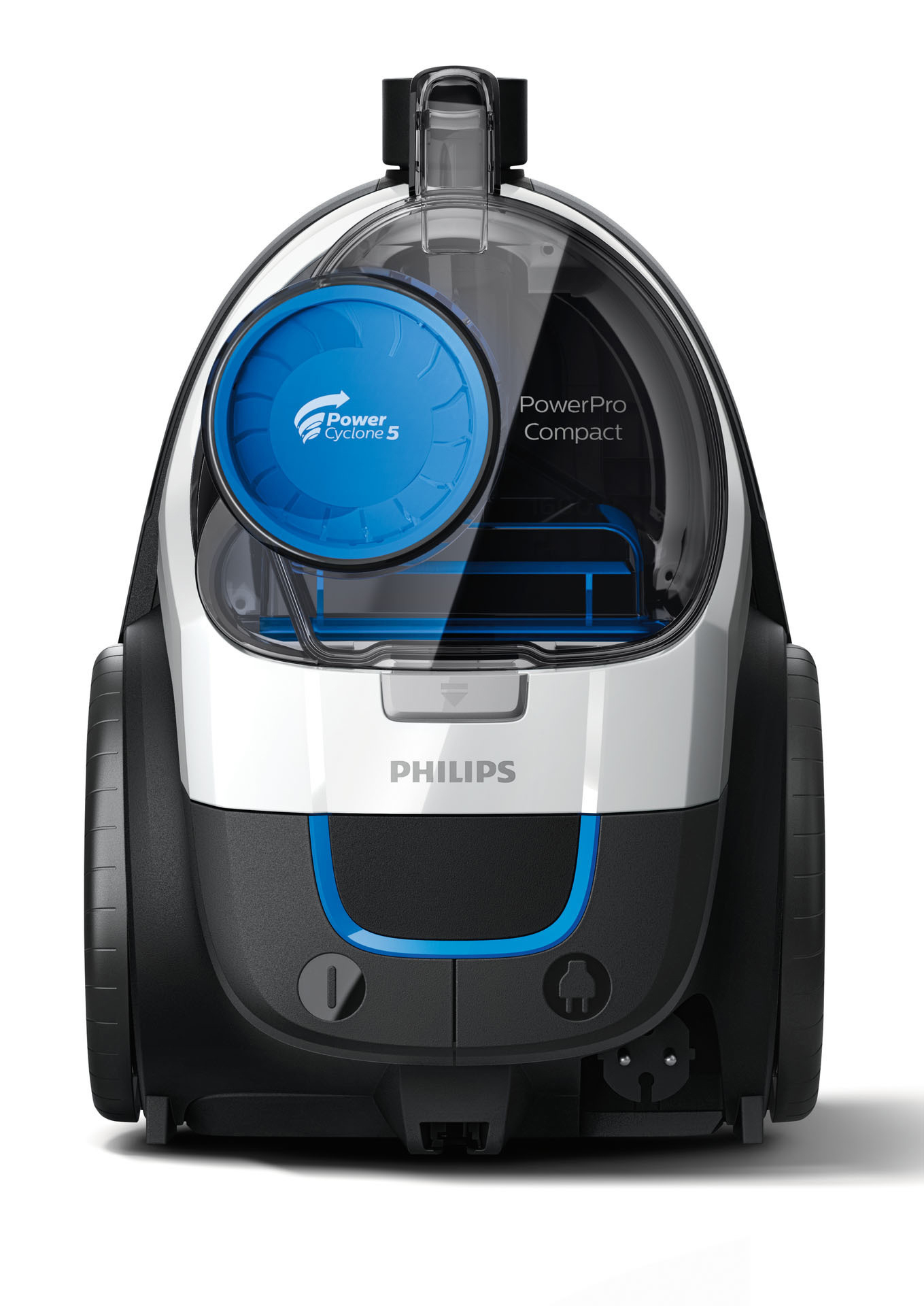 Nahaufnahme eines weißen und schwarzen Philips Staubsaugers. Er hat einen blauen Akzent und einen Behälter.