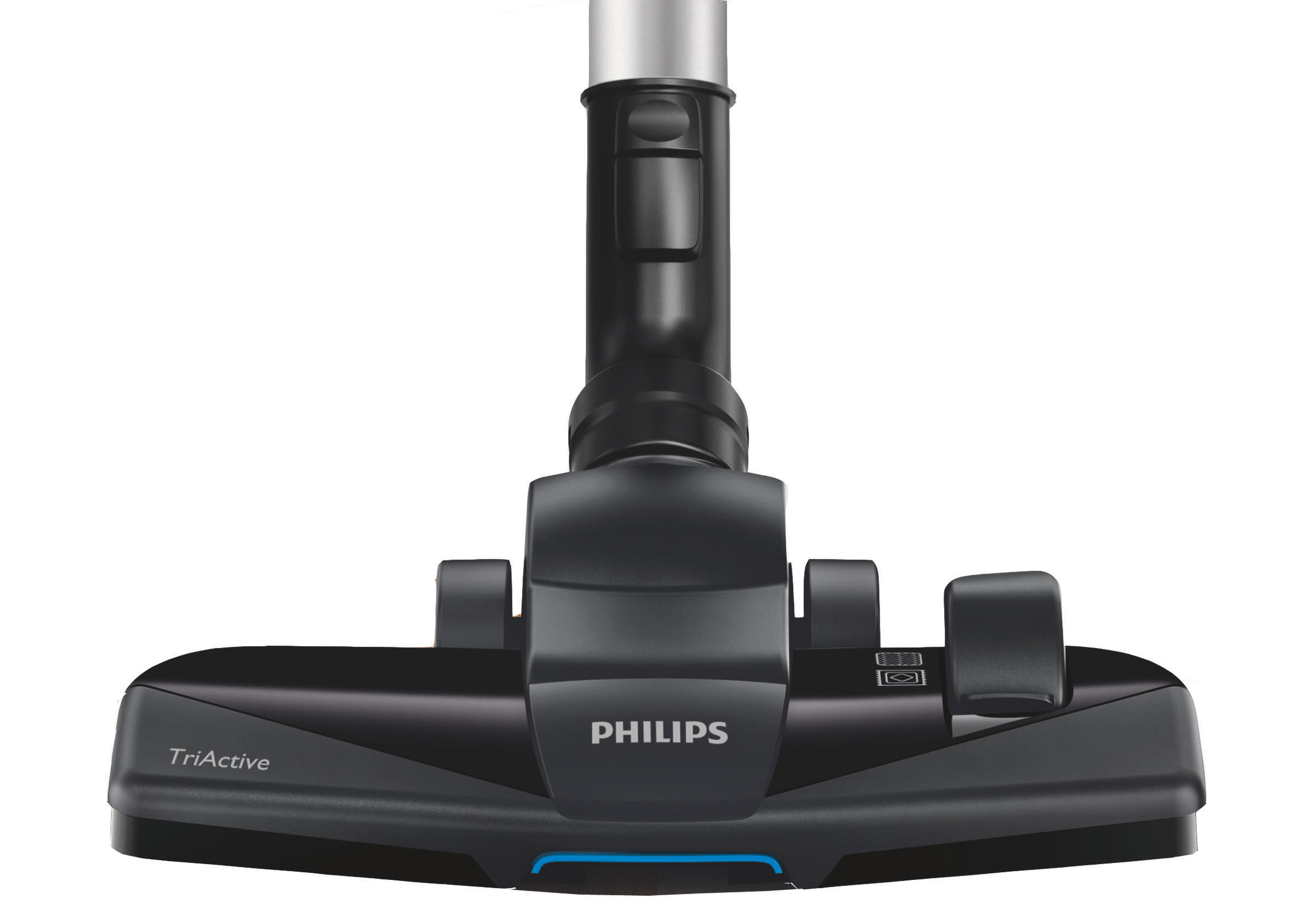 Staubsaugerkopf mit 'PHILIPS'-Branding. Schwarze und blaue Akzente. Weißer Hintergrund.