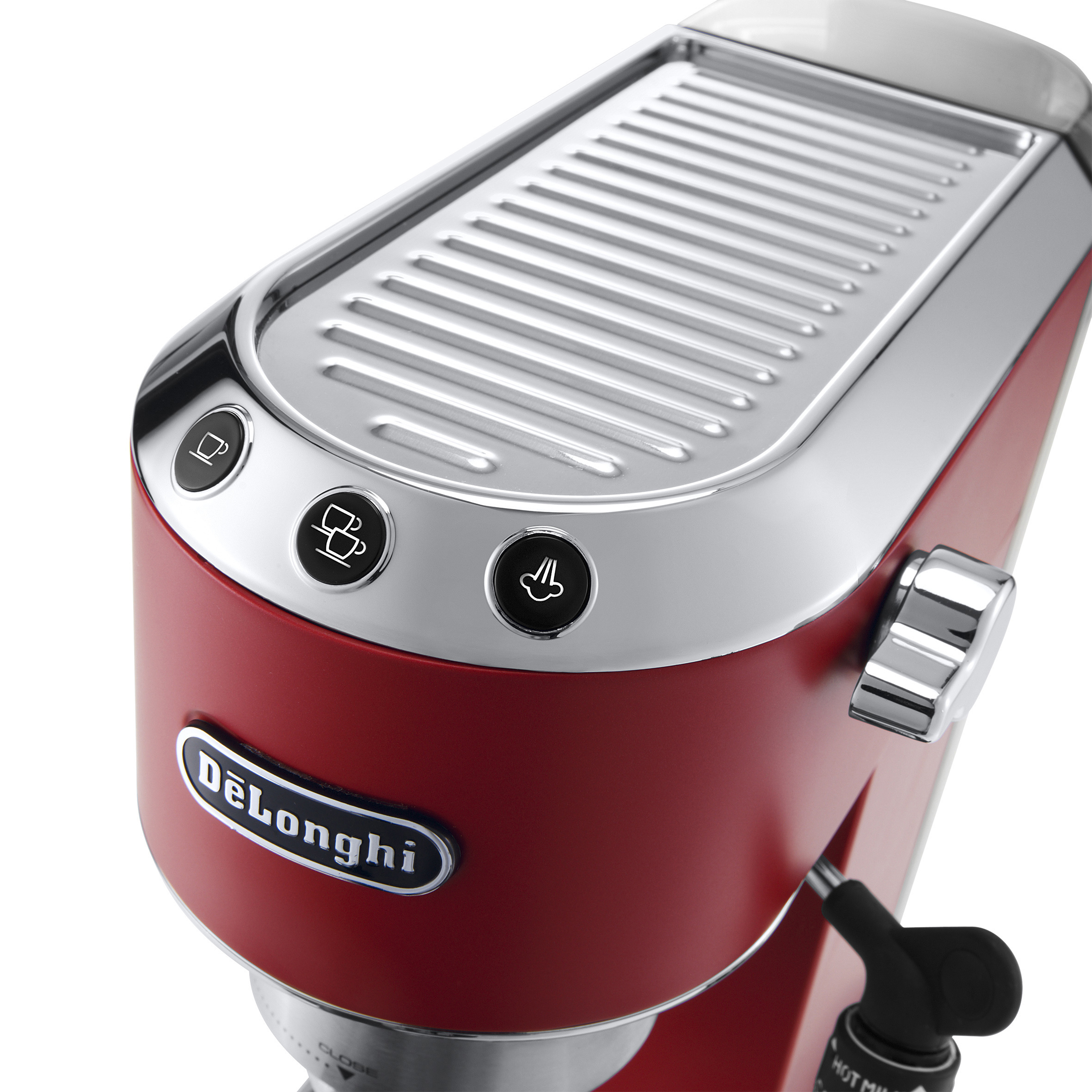 Eine rote De'Longhi Espressomaschine mit Chromakzenten, zeigt die Oberseite, Knöpfe und eine schwarze Düse.