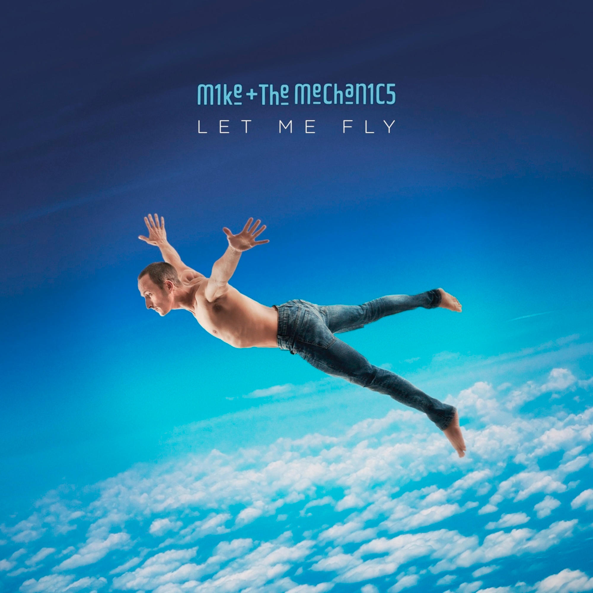 Albumcover: Ein Mann fliegt im Himmel, ohne Hemd, Jeans, Arme ausgestreckt, blauer Himmel, Wolken und Text.