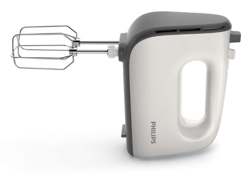White and gray Philips hand mixer with a handle and beater attachments.