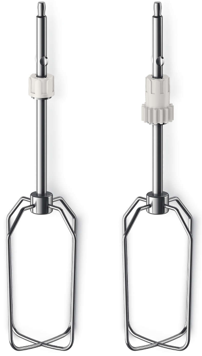 Two stainless steel beaters for a hand mixer, with white plastic connectors.