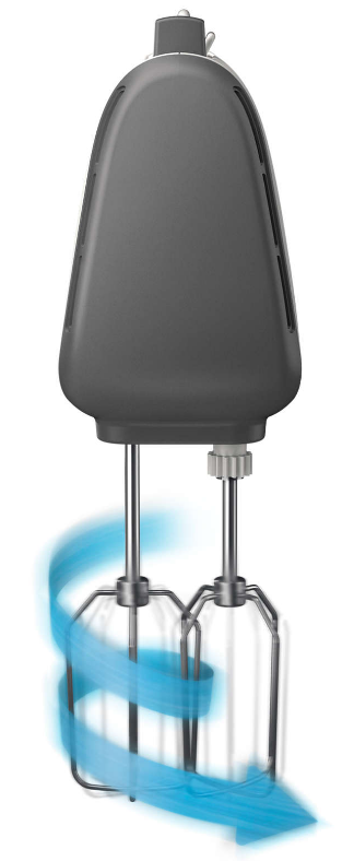 A gray hand mixer with blue swirl effect on a white background.