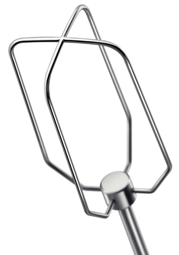 Close-up of a stainless steel mixer attachment on a white background. The shape is geometric.