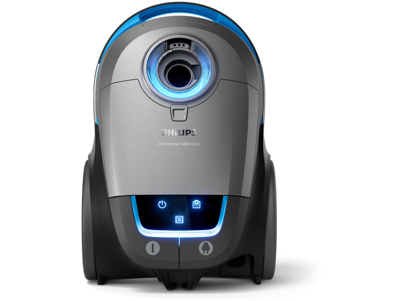 Ezüst és fekete porszívó kék lámpákkal, fehér háttérrel. Philips Performer Ultimate.
