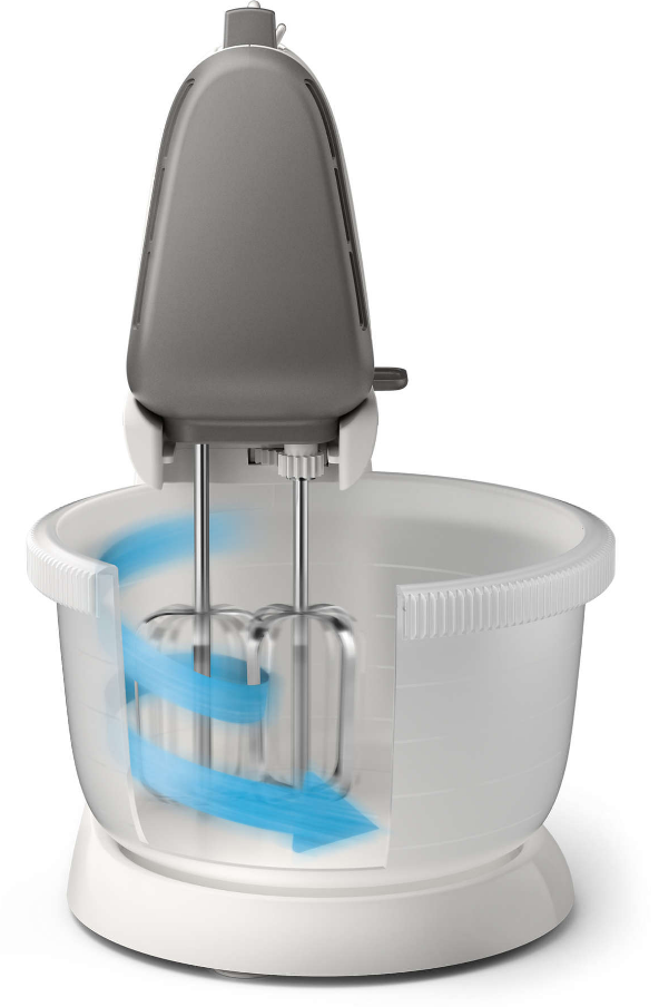 Gray and white hand mixer mixing in a transparent bowl with blue lines.