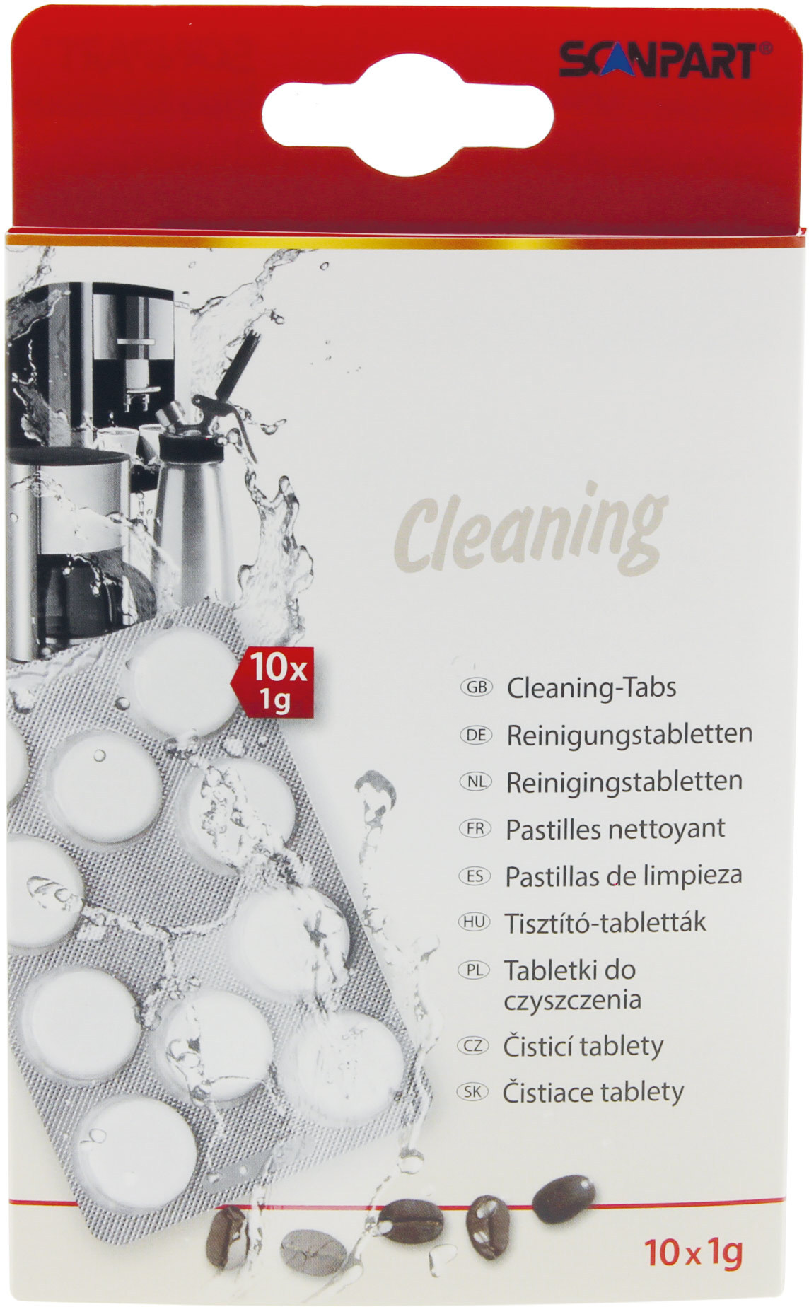 Cleaning tablets for coffee machines in a white and red package. Text in multiple languages.