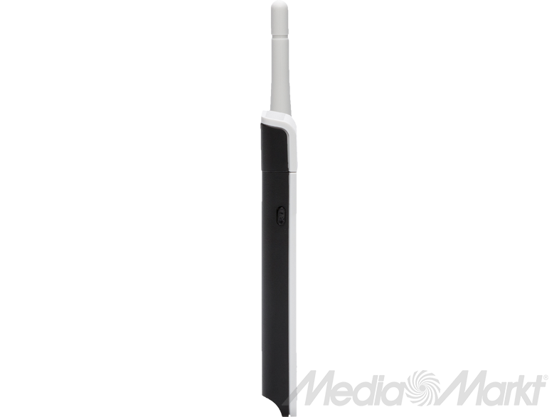 Fekete-fehér antenna, fehér heggyel. Fekete háttérre helyezve.