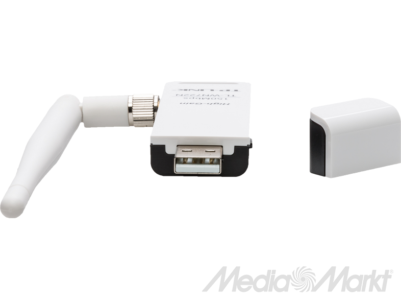 Fehér USB WiFi adapter antennával, egy fehér kupak mellett. A MediaMarkt logó látható.