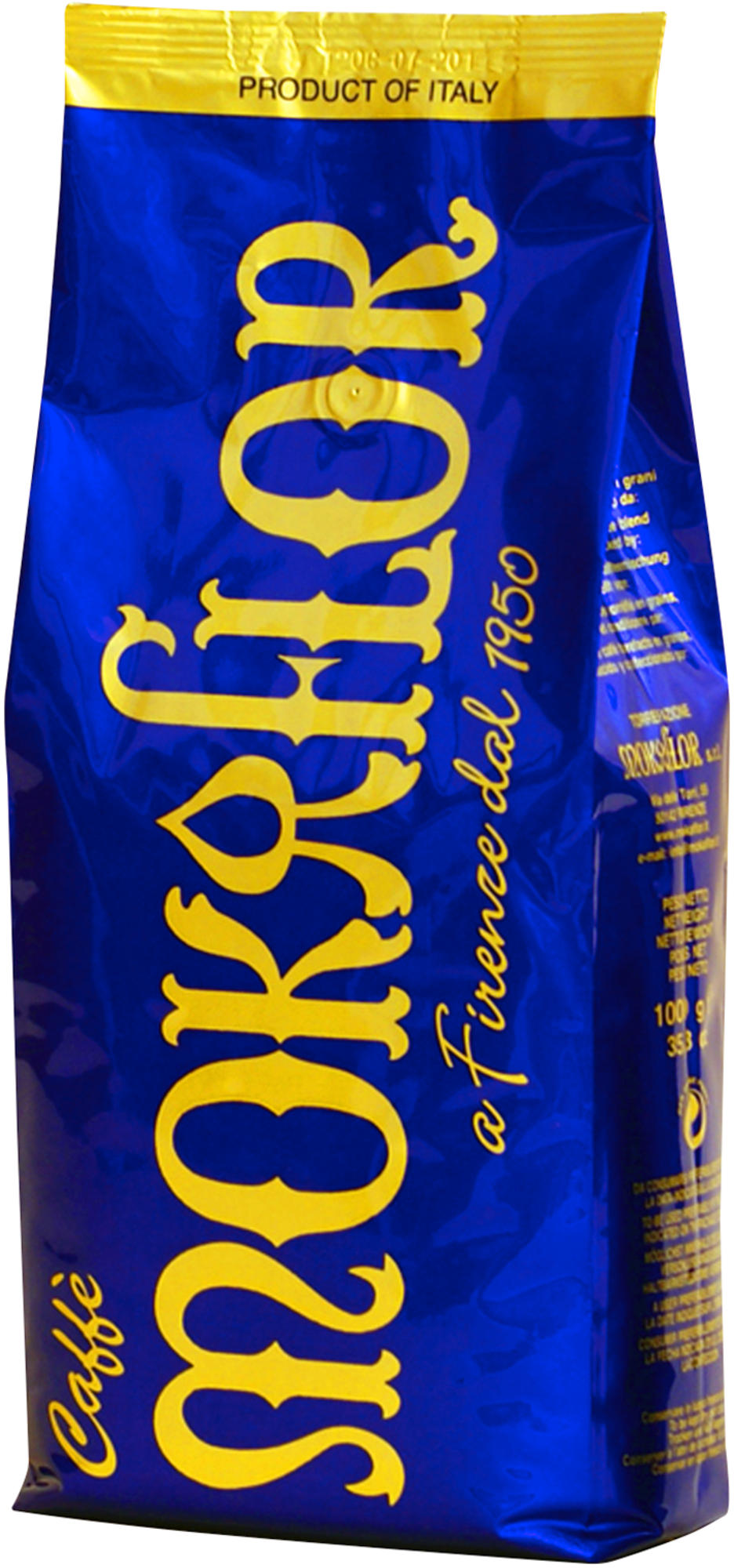 Blaue Tüte 'Mokafior' Kaffee. Gelber Text. Produkt Italiens. Die Tüte steht aufrecht.