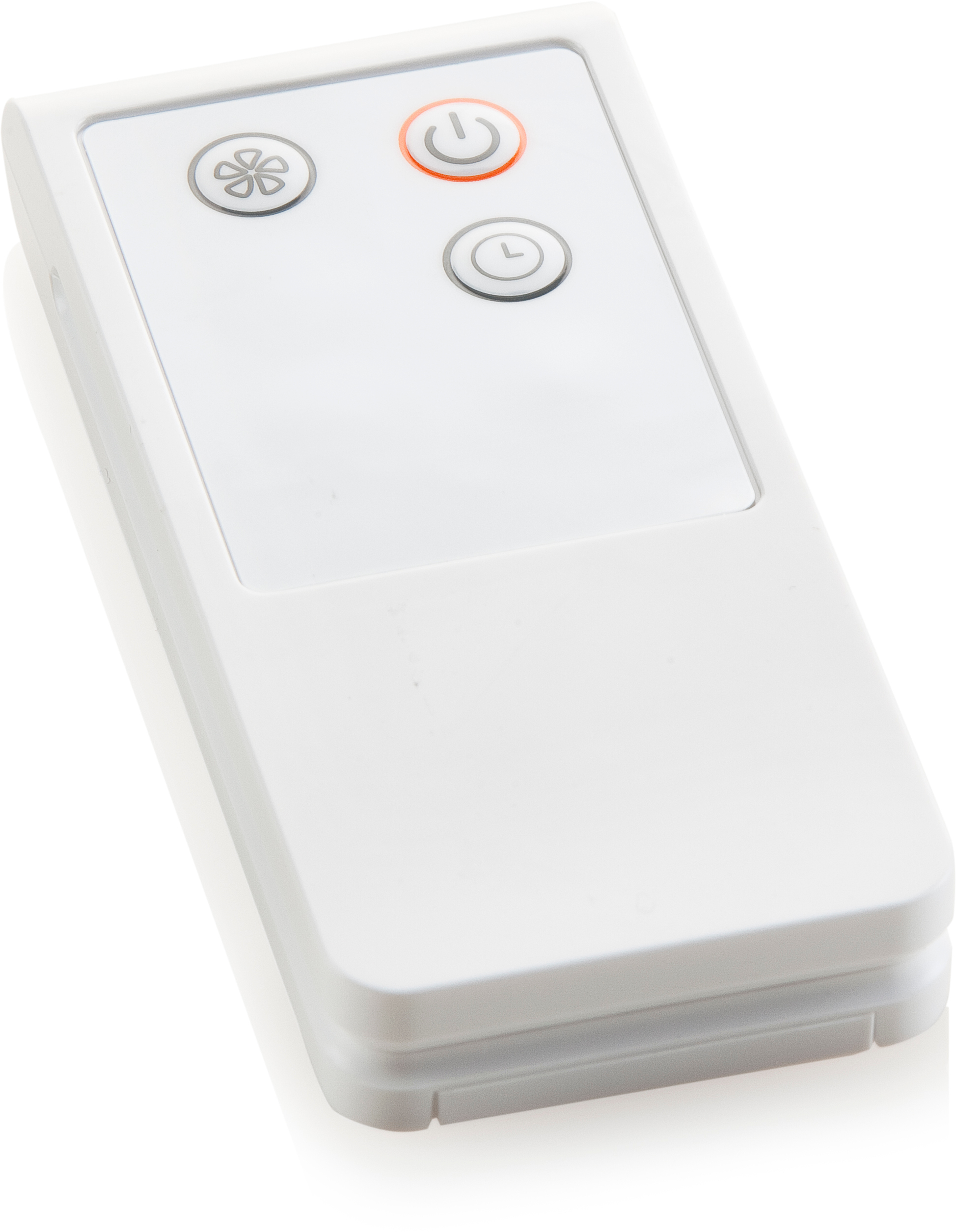 Télécommande blanche avec trois boutons : ventilateur, marche/arrêt et minuterie. Boutons gris avec alimentation orange.