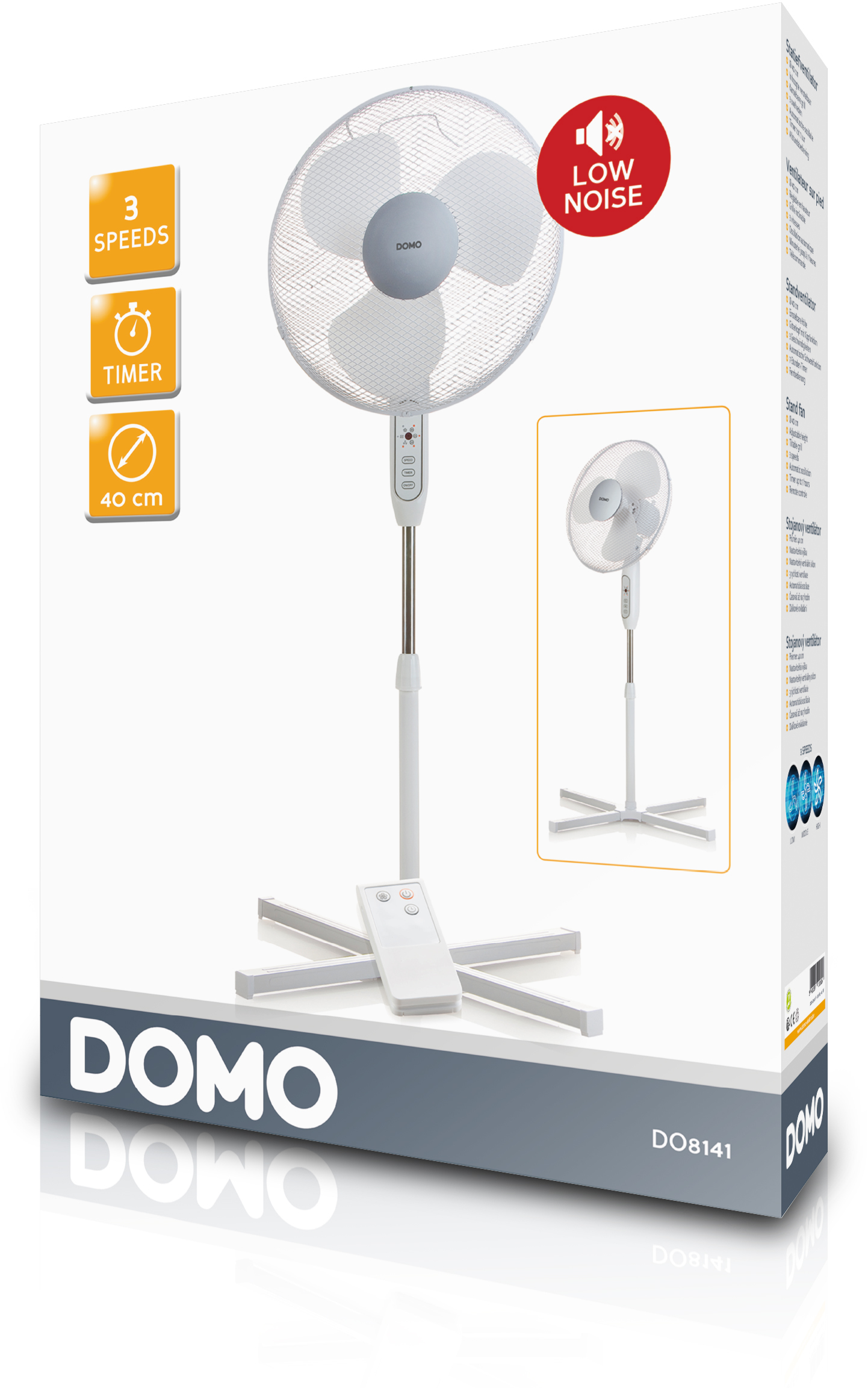 Boîte avec un ventilateur sur pied blanc, une télécommande et des spécifications. Fond blanc.
