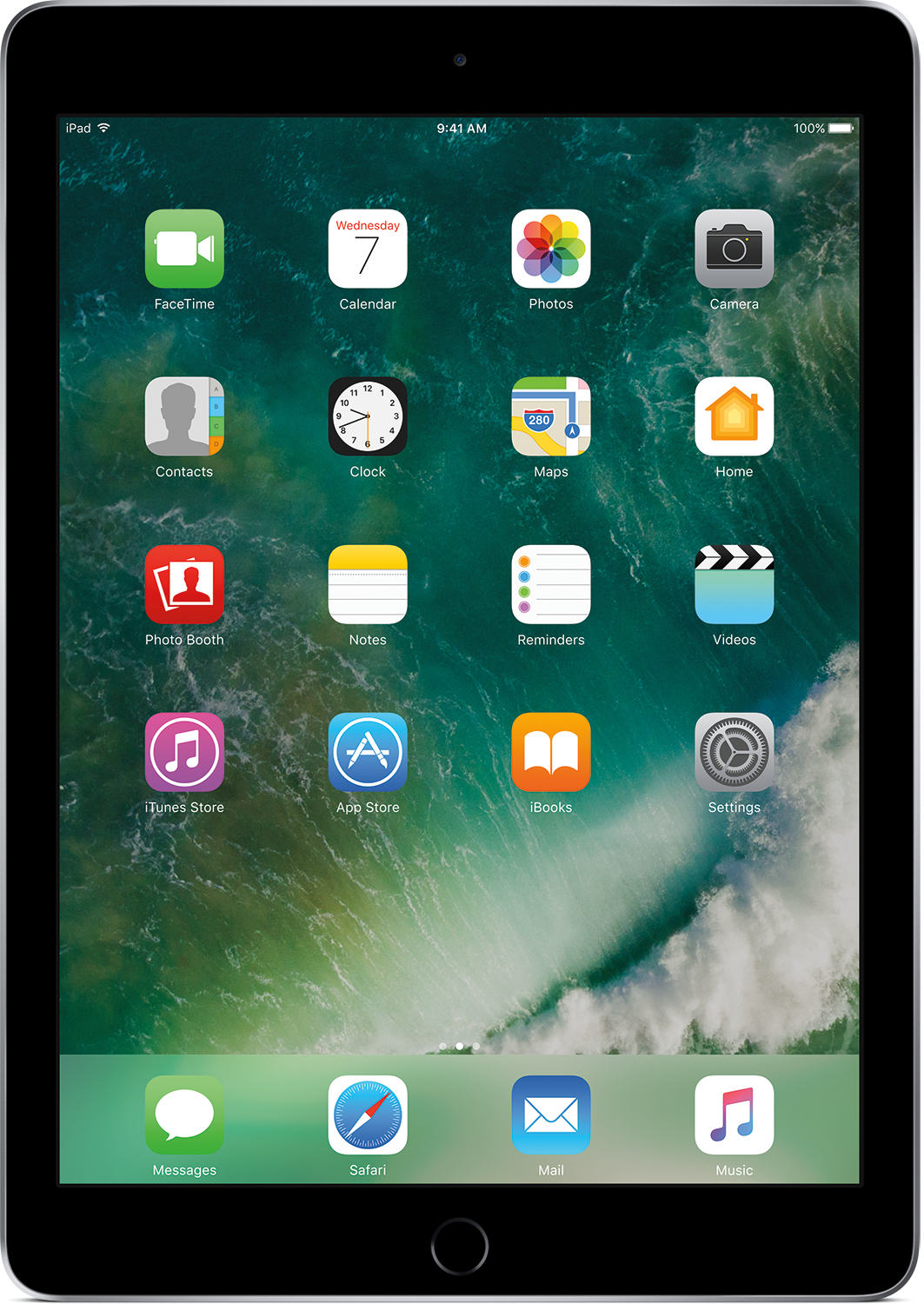 Een iPad-scherm met app-iconen. De tijd is 9:41 AM. De linkerbovenhoek toont het iPad-pictogram.