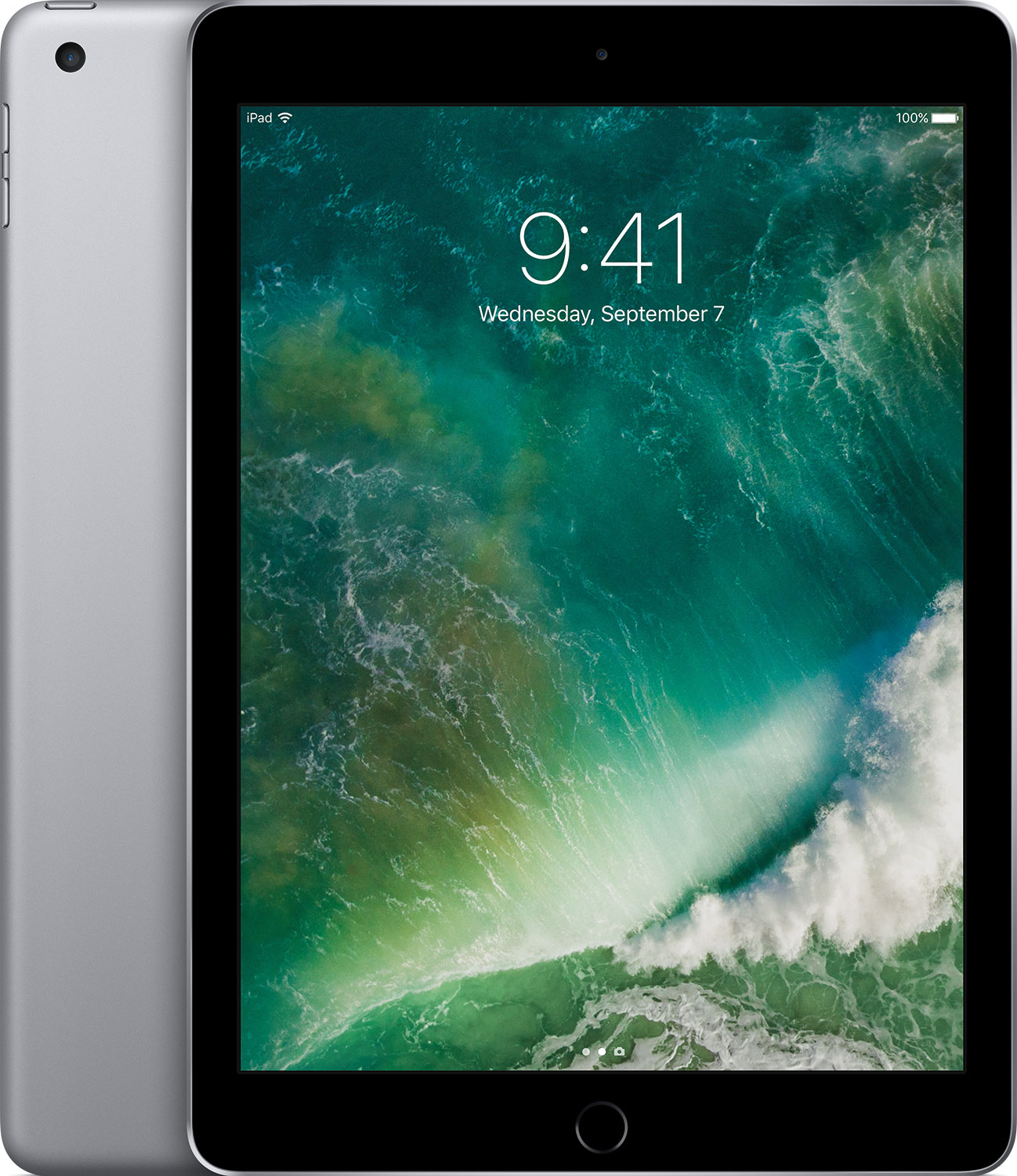 Zilveren iPad met zwart scherm met tijd en apps. Apple-logo op de achterkant. Zwarte rand.
