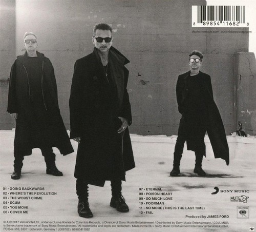 Depeche Mode Album-Rückseite. Drei Männer in schwarzen Mänteln und Sonnenbrillen stehen in einer Reihe.