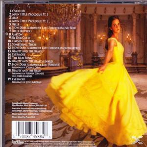 Rückseite einer Beauty and the Beast Soundtrack-CD. Eine Frau in gelbem Kleid wird gezeigt. Titelliste sichtbar.