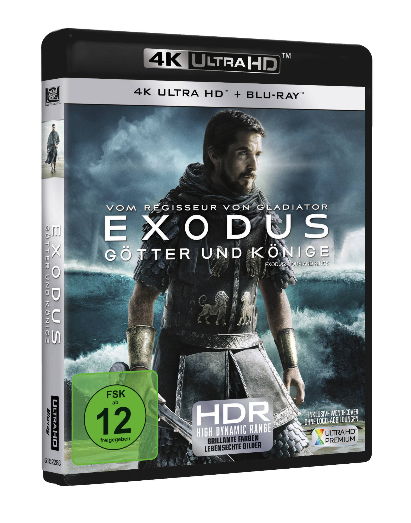 Exodus: Götter und Könige 4K Blu-ray Cover. Ein Mann in Rüstung steht vor einem bewölkten Himmel.