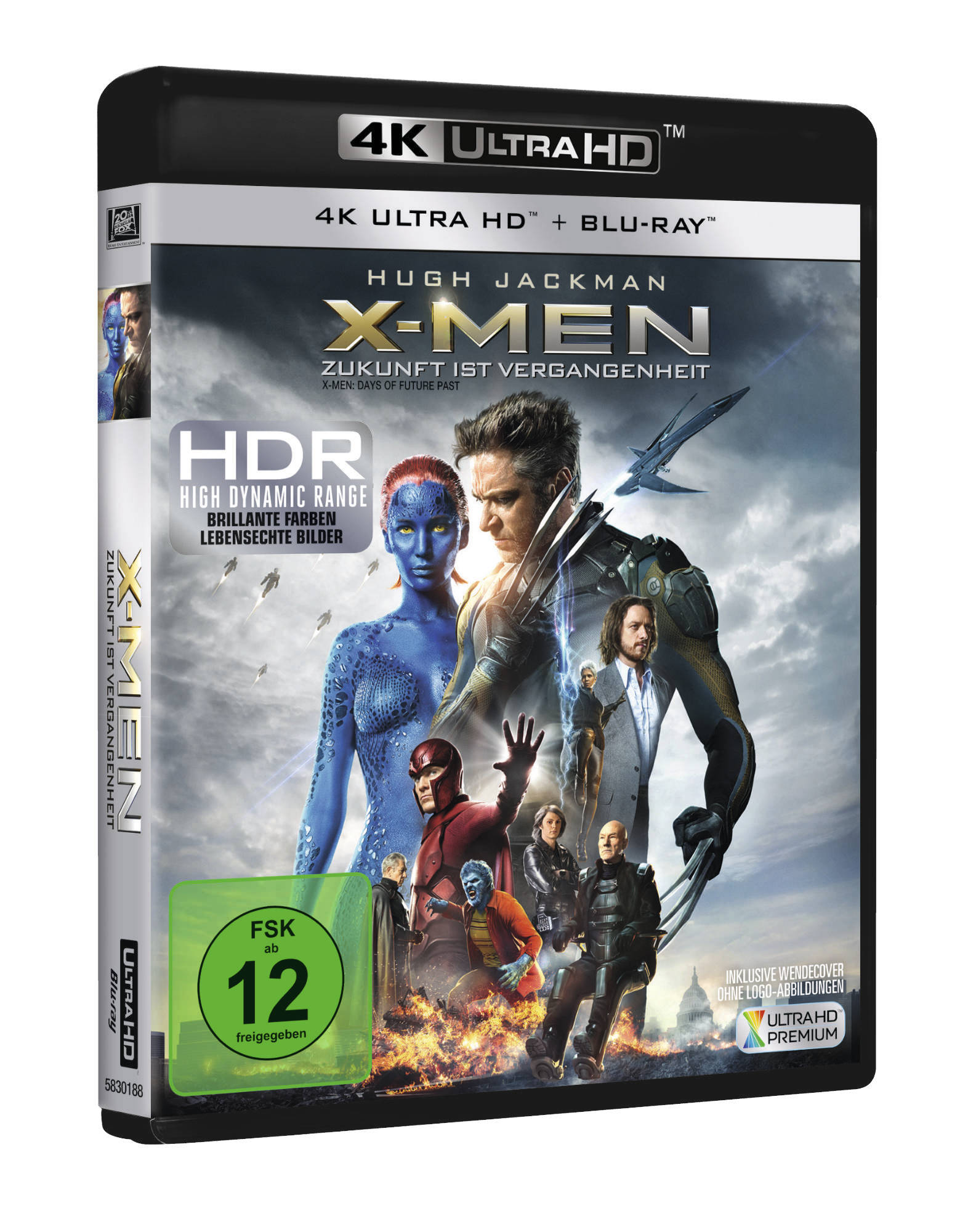 X-Men: Days of Future Past Blu-ray-Hülle. Hugh Jackman und Mystique sind zu sehen. 4K Ultra HD und Blu-ray-Etiketten.