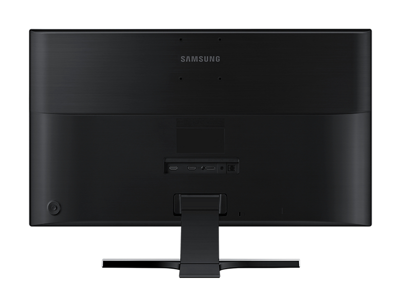 Schwarze Samsung Monitorrückseite mit Anschlüssen und Ständer. SAMSUNG ist oben aufgedruckt.