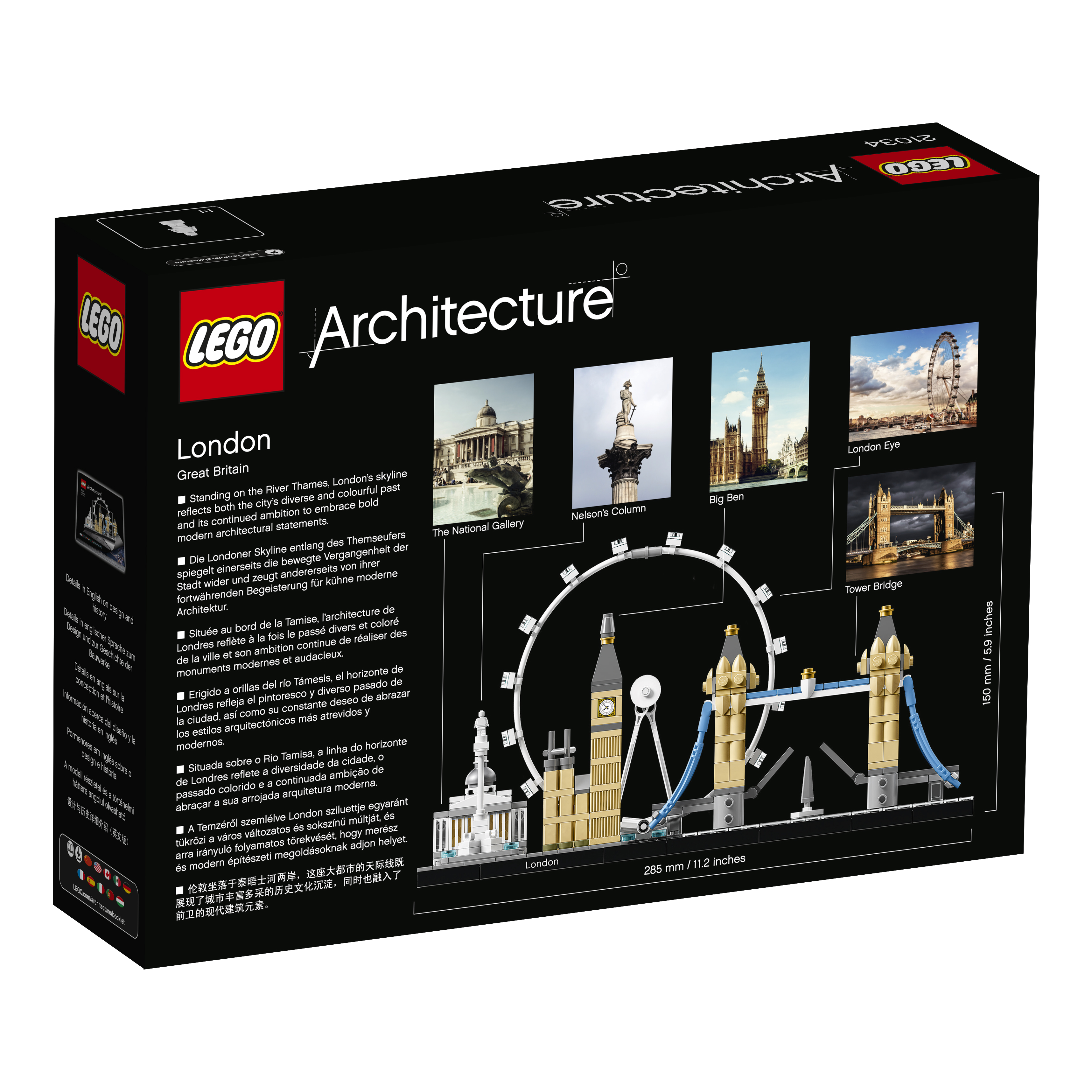 Die Rückseite einer Lego Architecture-Set-Box, die die Londoner Skyline zeigt.