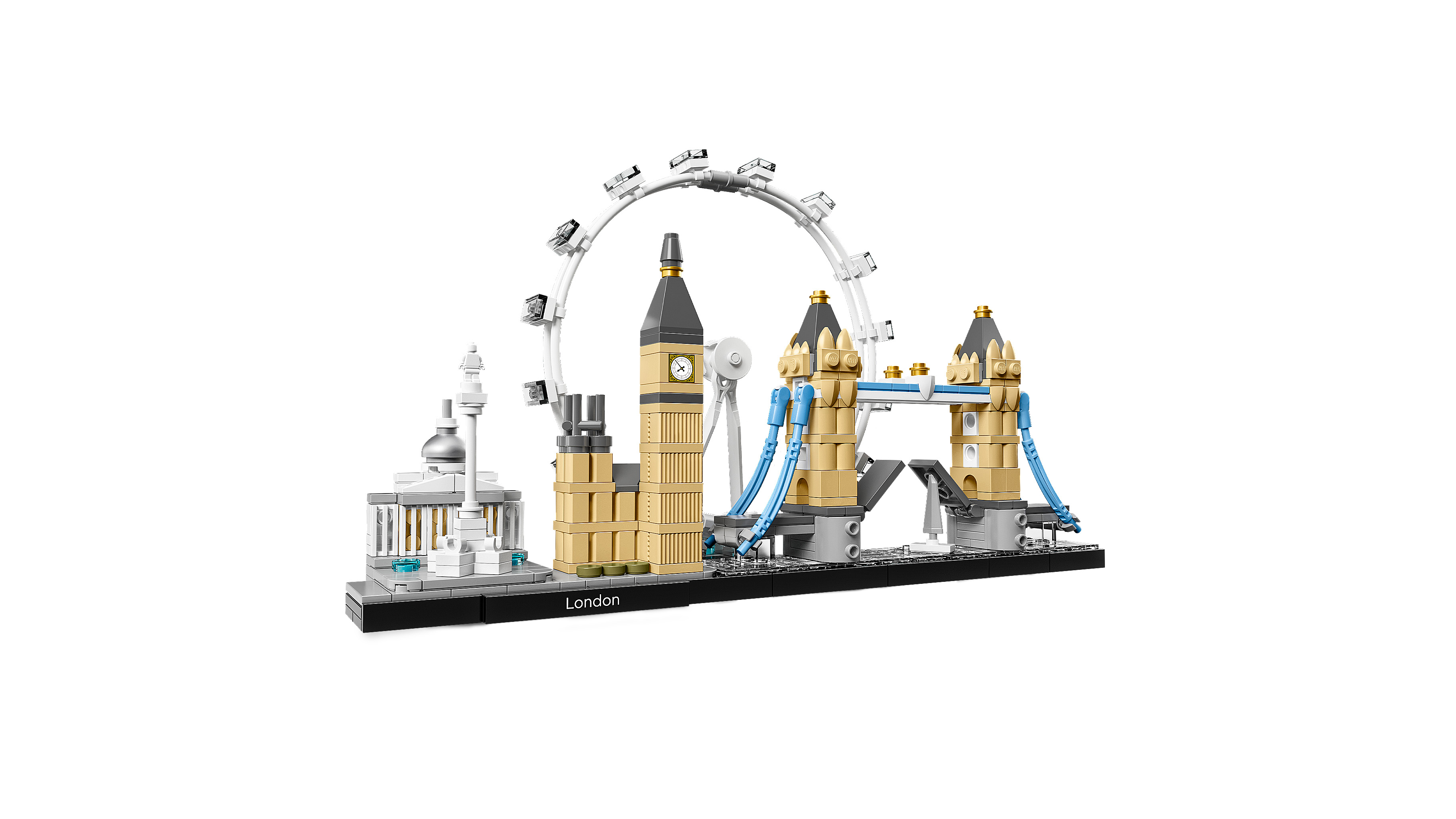 Lego-Modell von Londoner Wahrzeichen, einschließlich Big Ben, London Eye und Tower Bridge, auf Weiß.