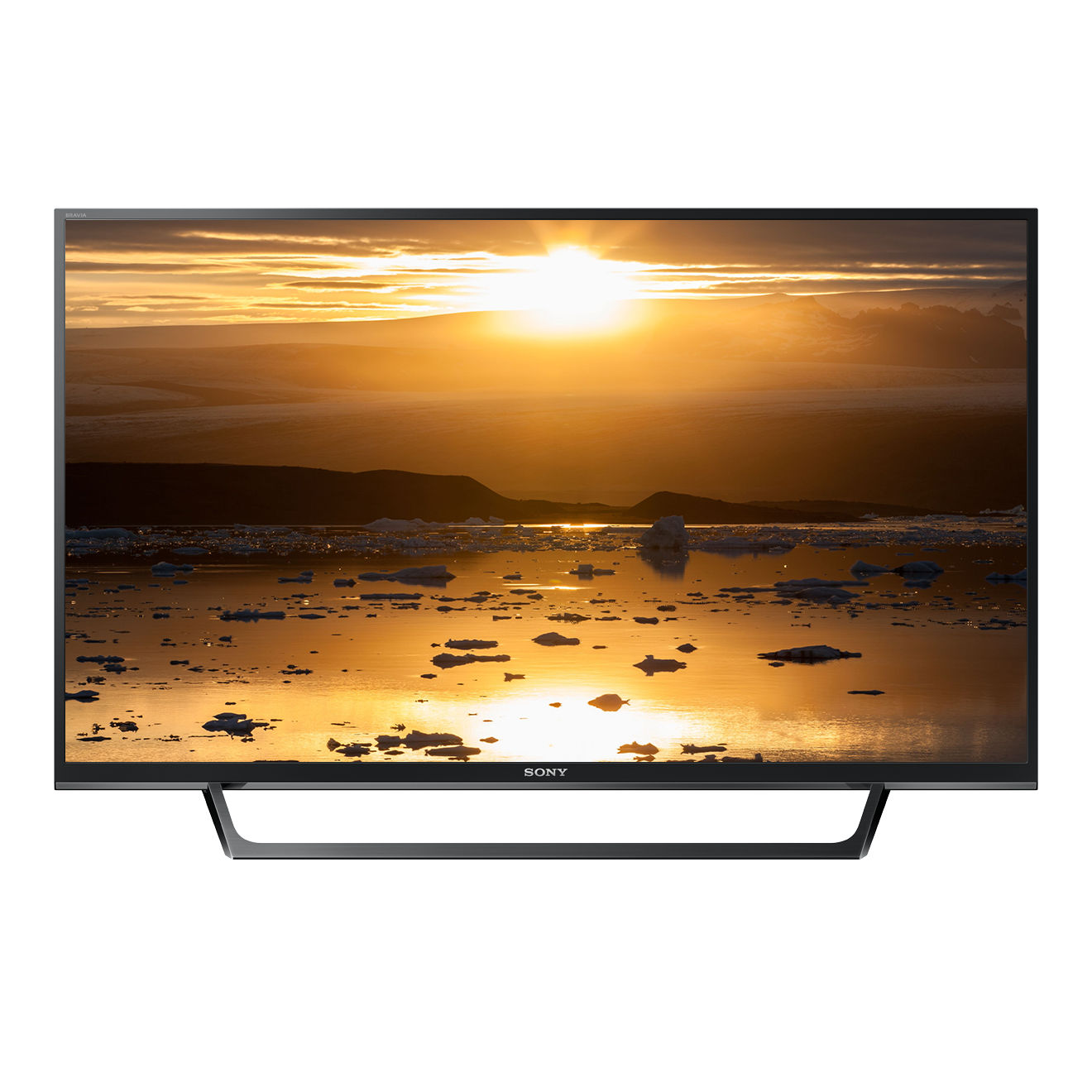 Ein Sony Fernseher zeigt einen Sonnenuntergang über einer eisigen Landschaft. Das Sony-Logo ist unten.