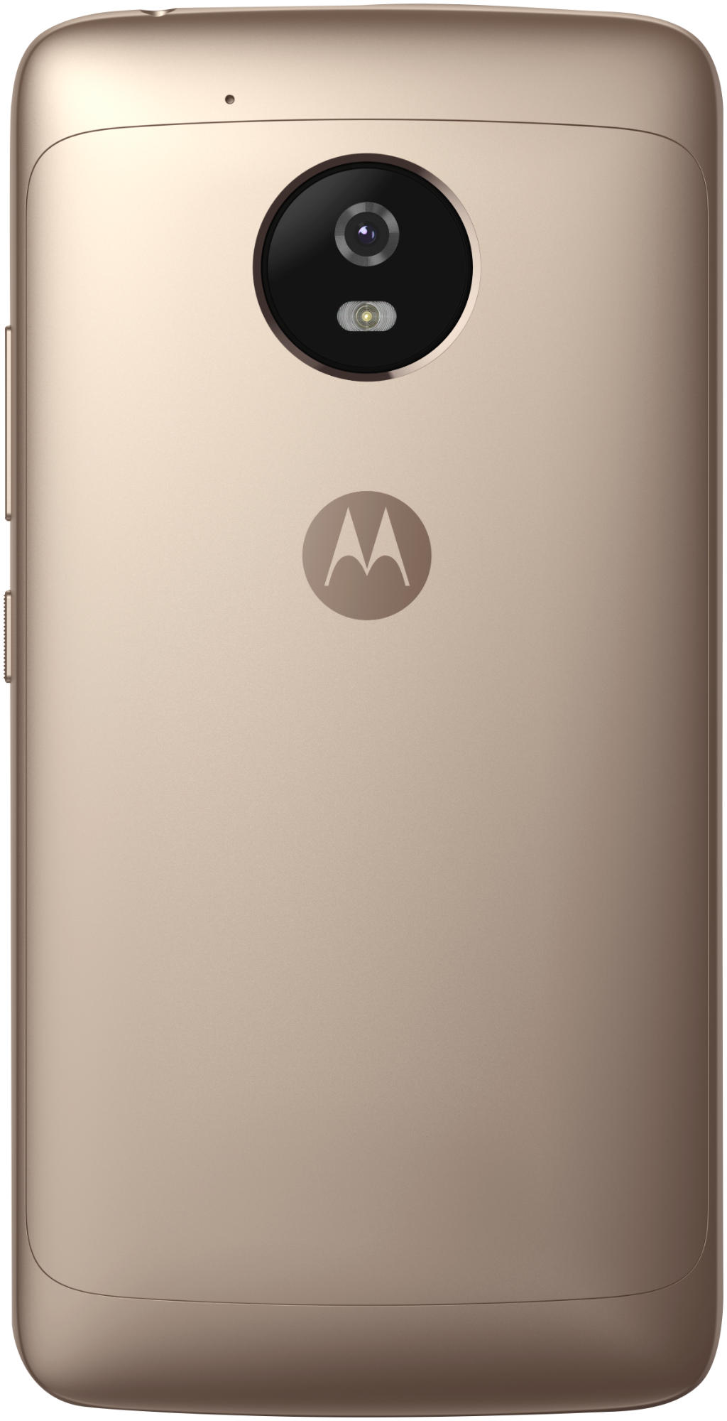 Goldenes Telefon hinten. Kreisförmige Kamera mit Blitz. Motorola-Logo. Schlanke goldene Rückseite.