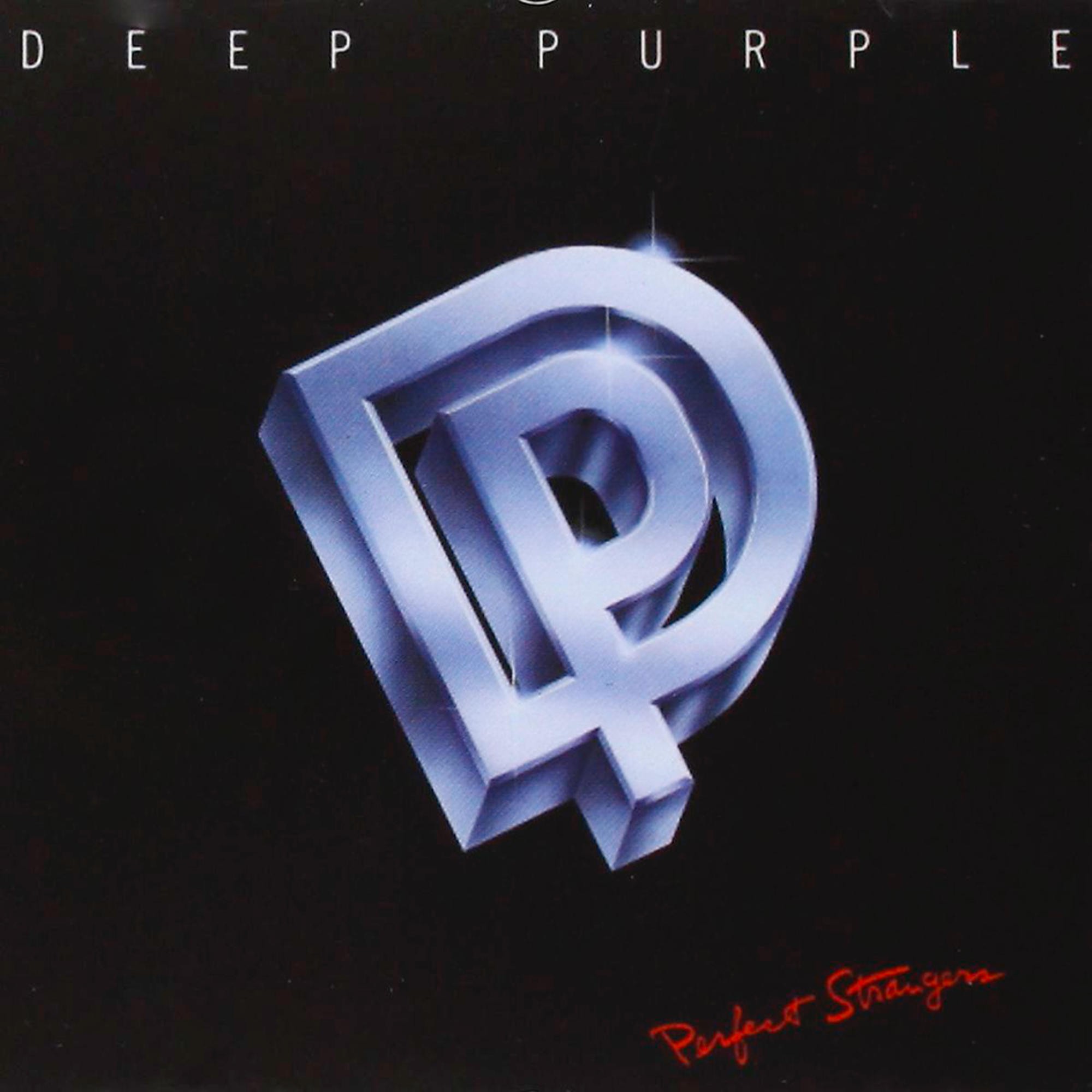 Albumcover: Deep Purple Logo in Silber auf schwarzem Hintergrund. Titel: Perfect Strangers.