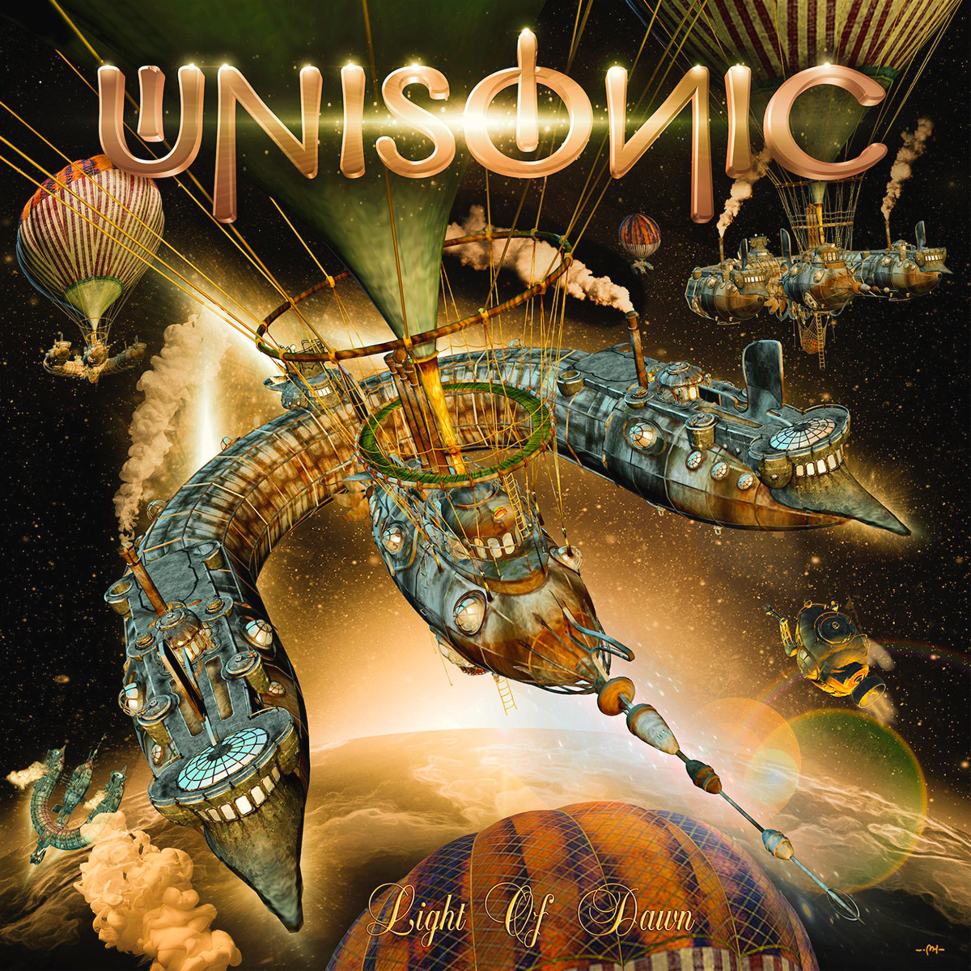 Albumcover: Luftschiffe im Steampunk-Stil und die Band UNISONIC.