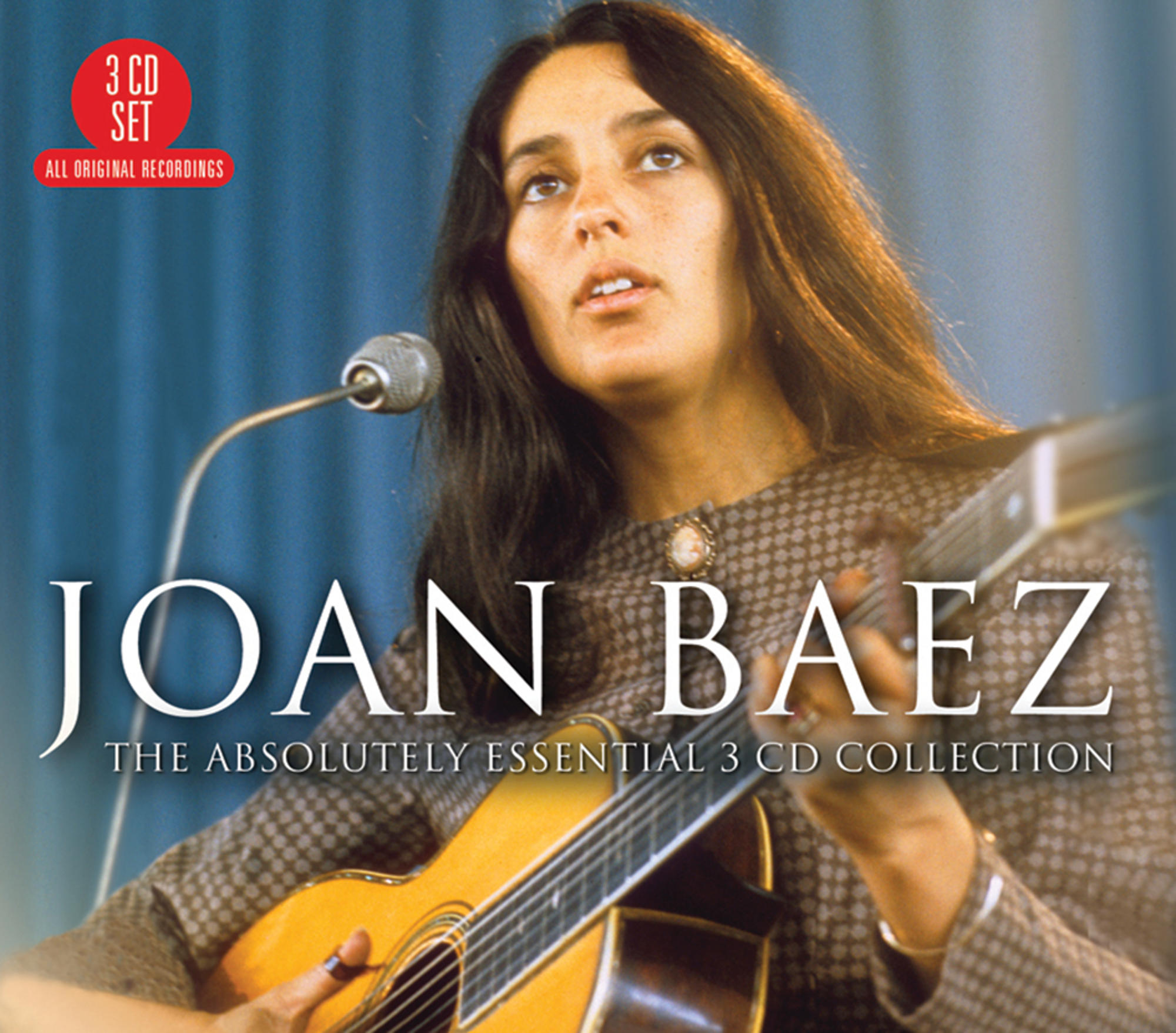 Joan Baez singt und spielt Gitarre auf der Bühne, Albumcover.