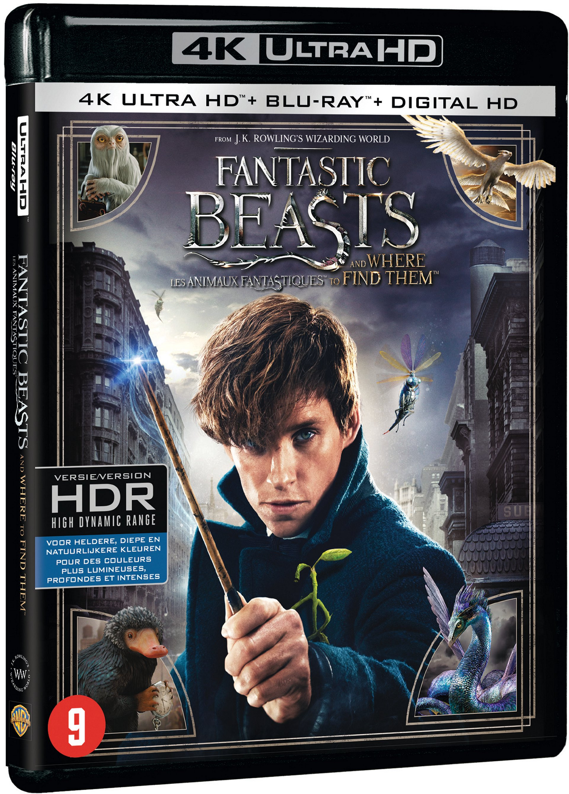 La couverture Blu-ray du film 'Les Animaux Fantastiques' avec un homme et des créatures magiques.