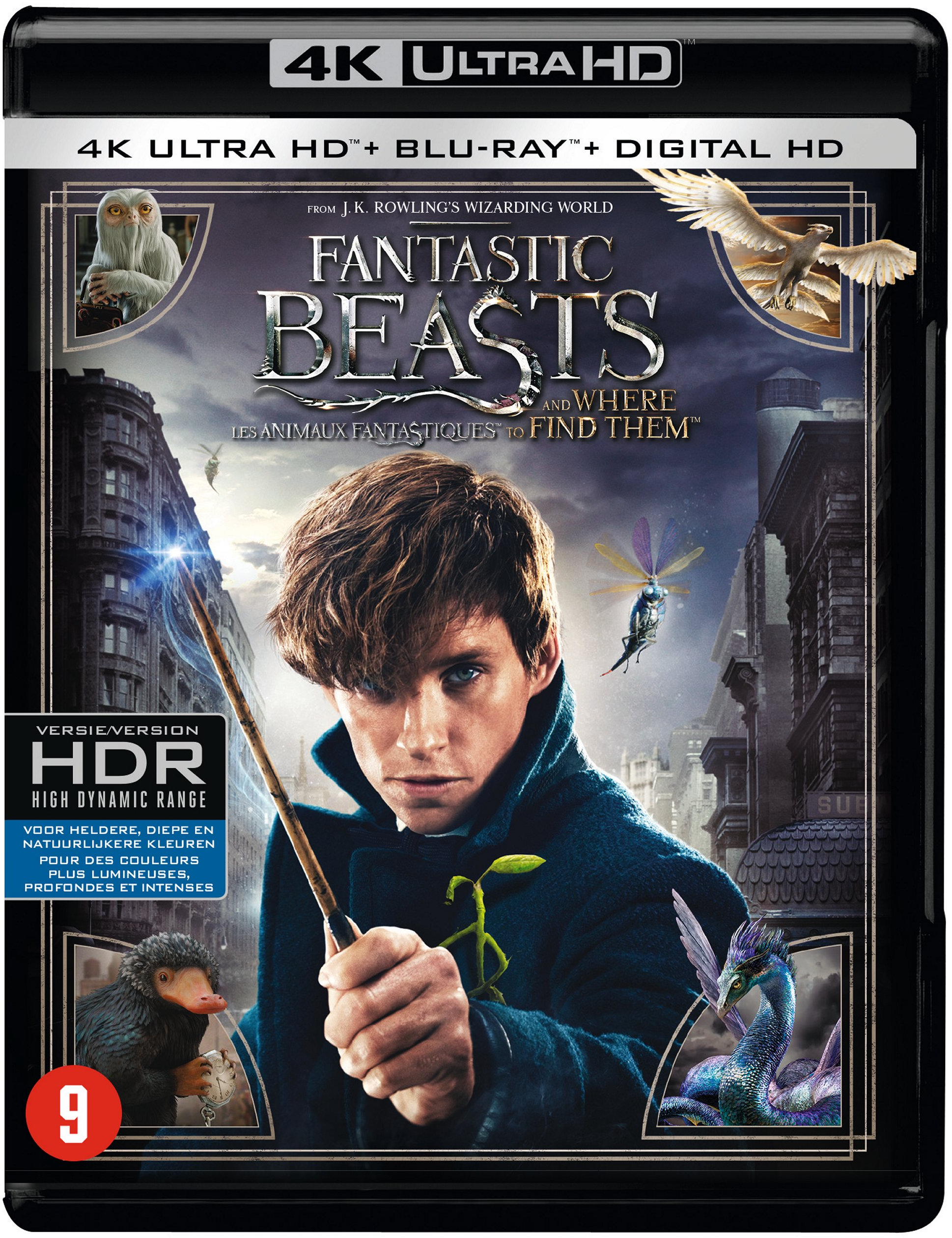 Couverture Blu-ray des Animaux Fantastiques. Présente un homme avec une baguette, des créatures colorées et le titre du film.