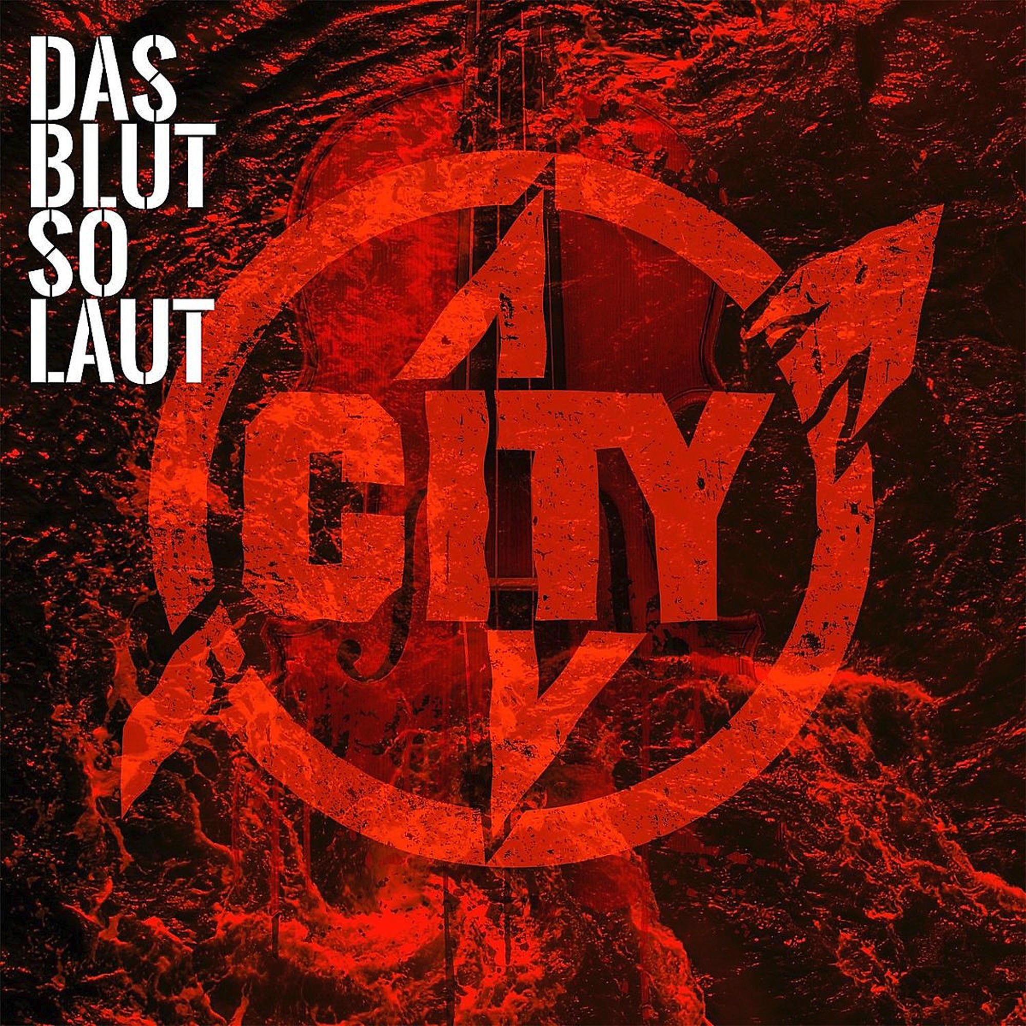 Rotes und schwarzes Albumcover mit einer Geige im Hintergrund und dem Wort CITY.